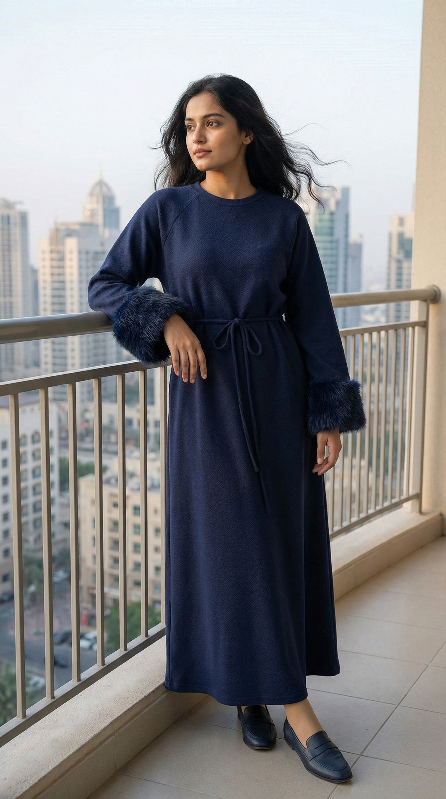 Navy Blue Tie-Up Fur Cuff Modest Maxi Dress