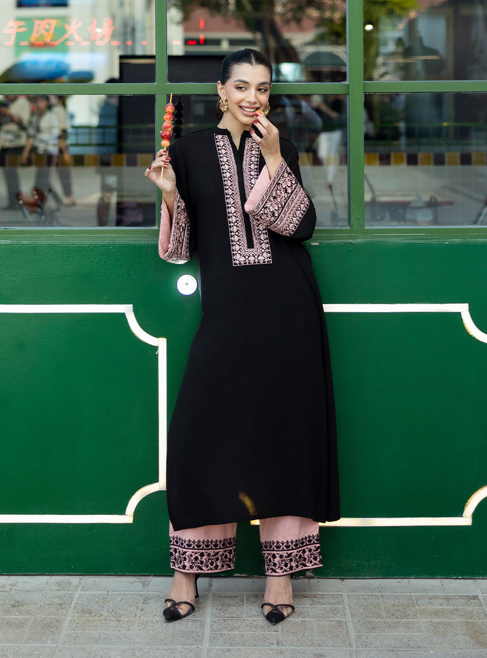 black and blush embroidered coord set
