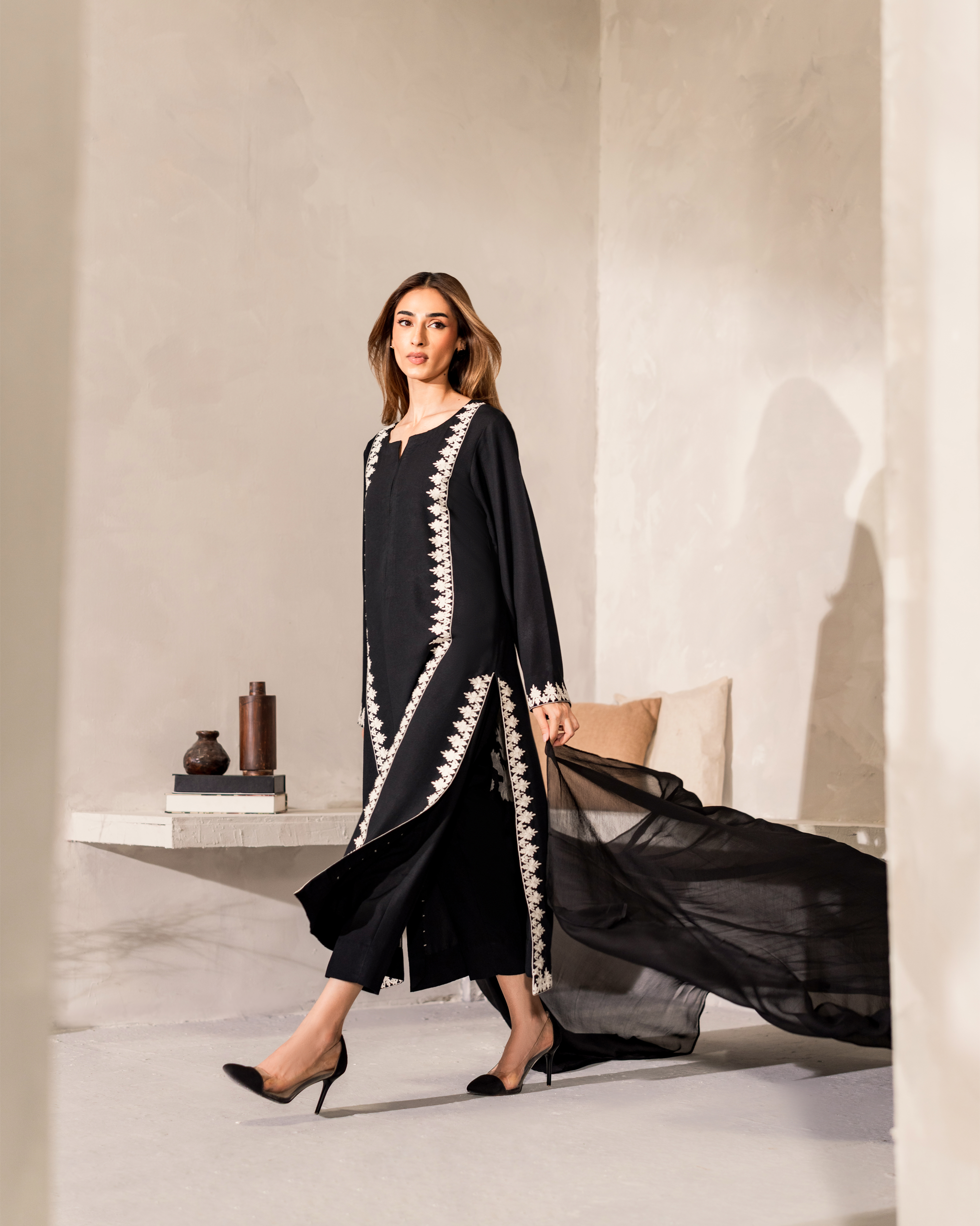 Noir Ivory Embroidered Signature Modest Co-Ord Set With Hand-Dyed Scarf