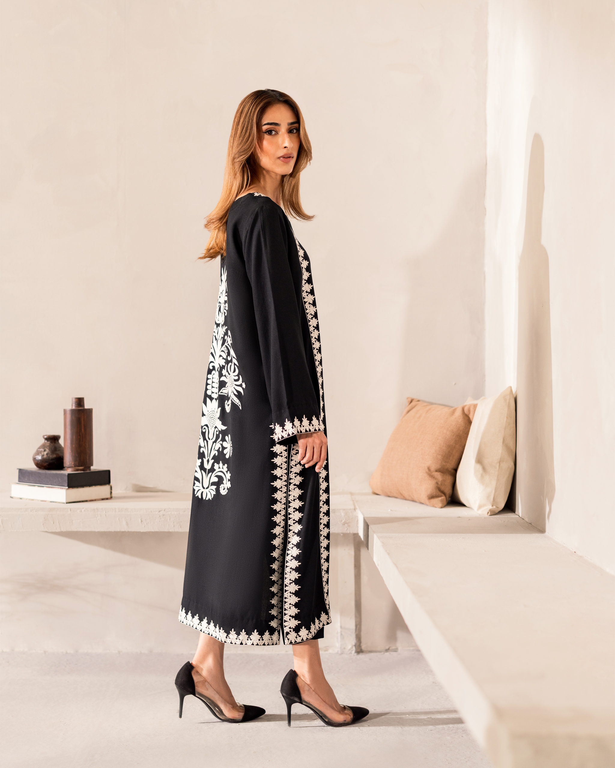 Noir Ivory Embroidered Signature Modest Co-Ord Set With Hand-Dyed Scarf