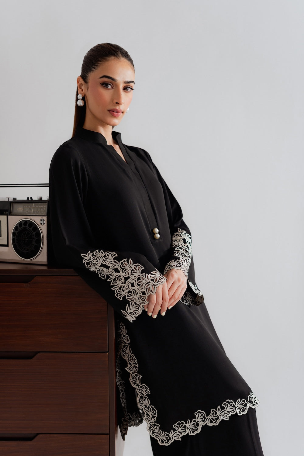 black embroidered modest co ord set women