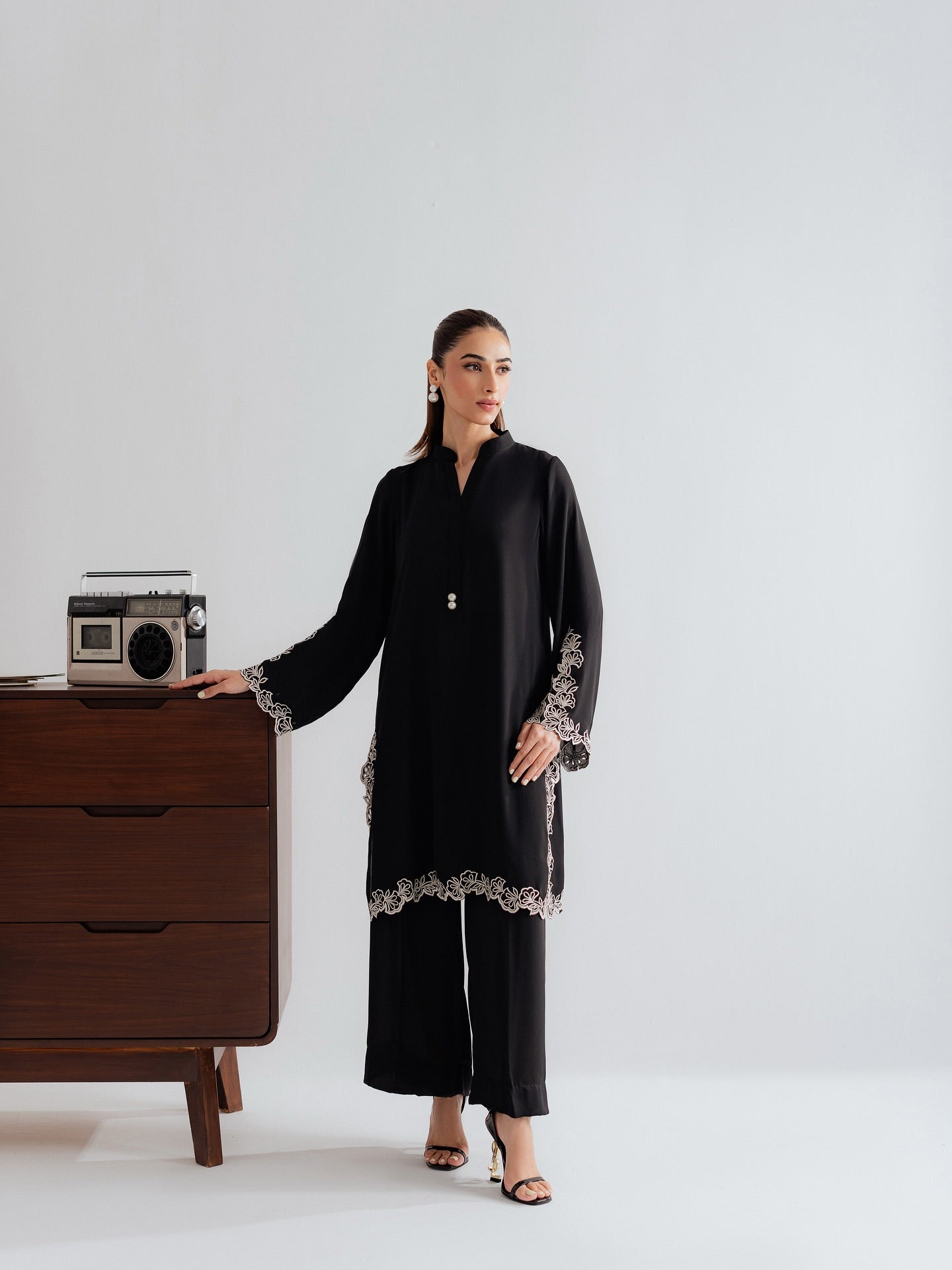 premium black embroidered kurta pant set