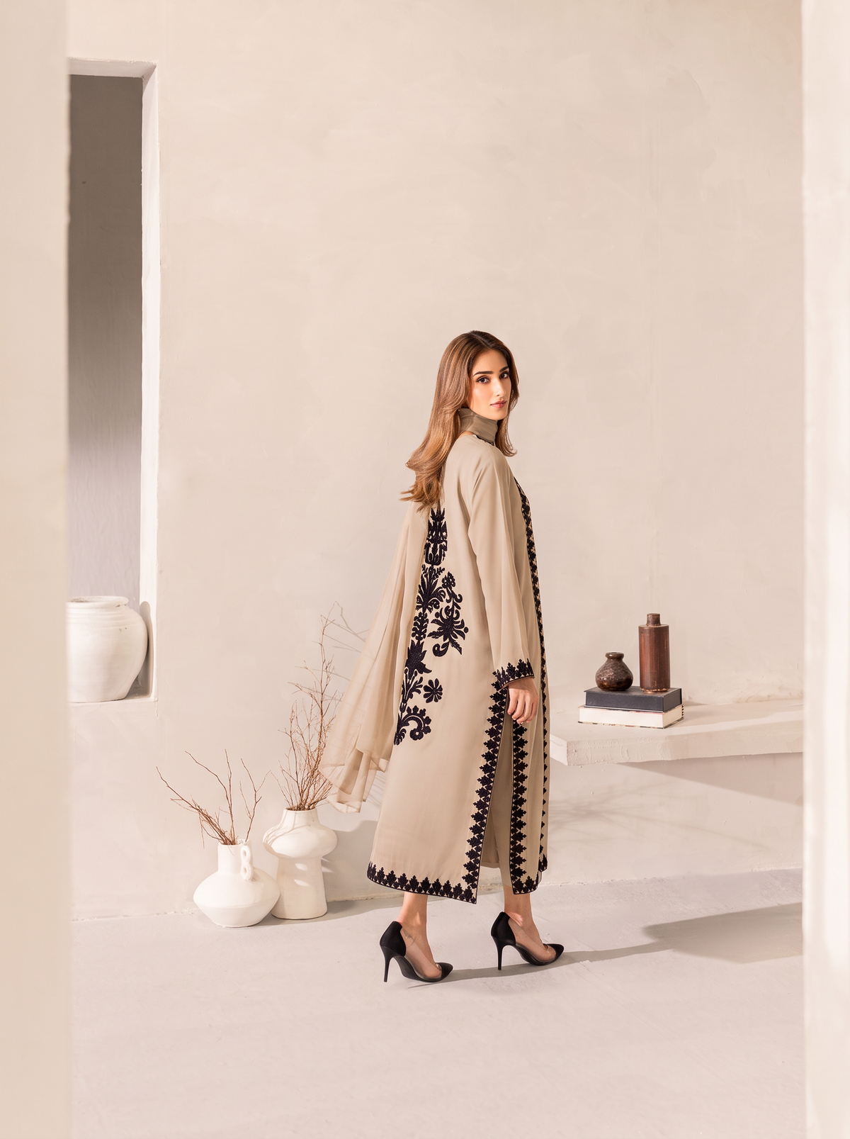 Noir Ivory Embroidered Signature Modest Co-Ord Set With Hand-Dyed Scarf