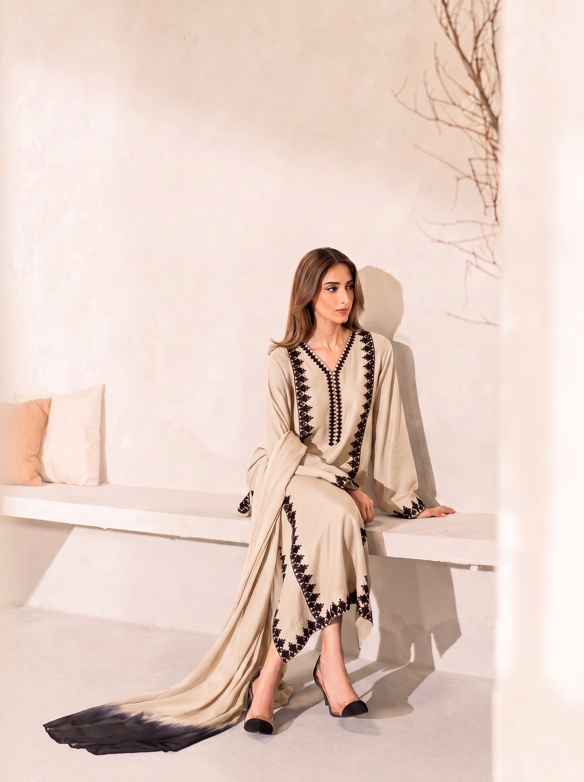 Noir Ivory Embroidered Signature Modest Co-Ord Set With Hand-Dyed Scarf