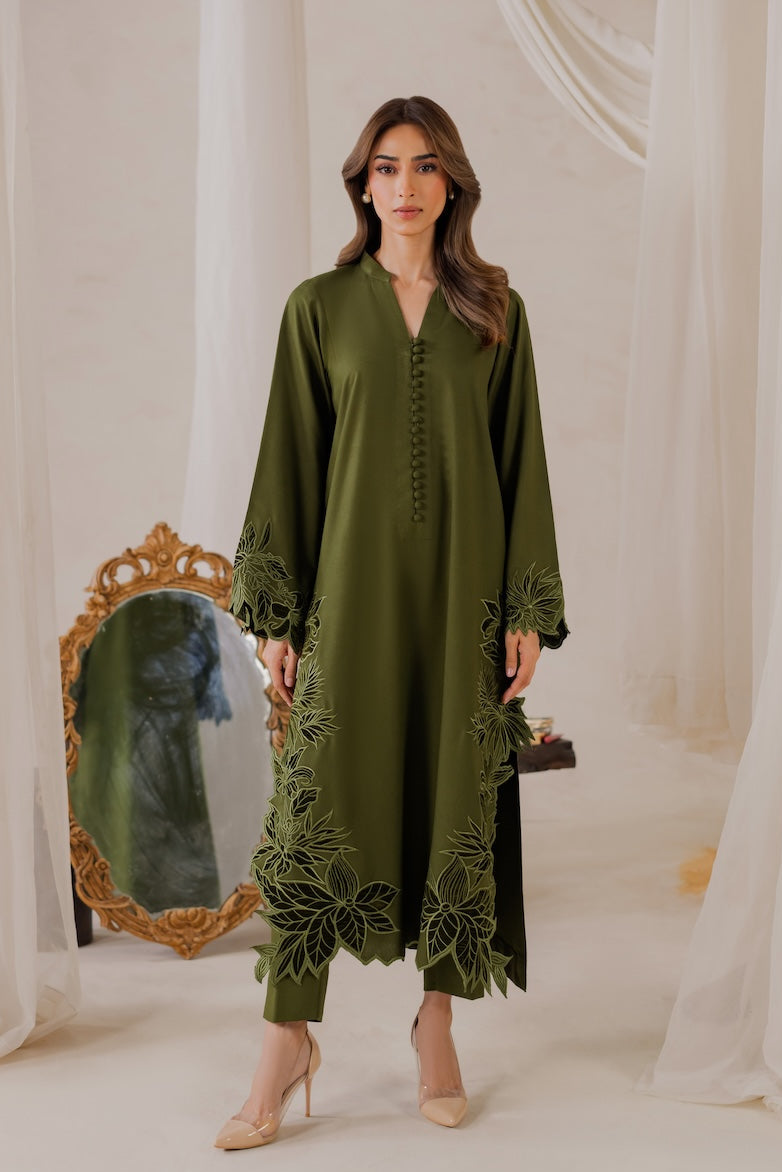 olive green handmade modest kurta set women
