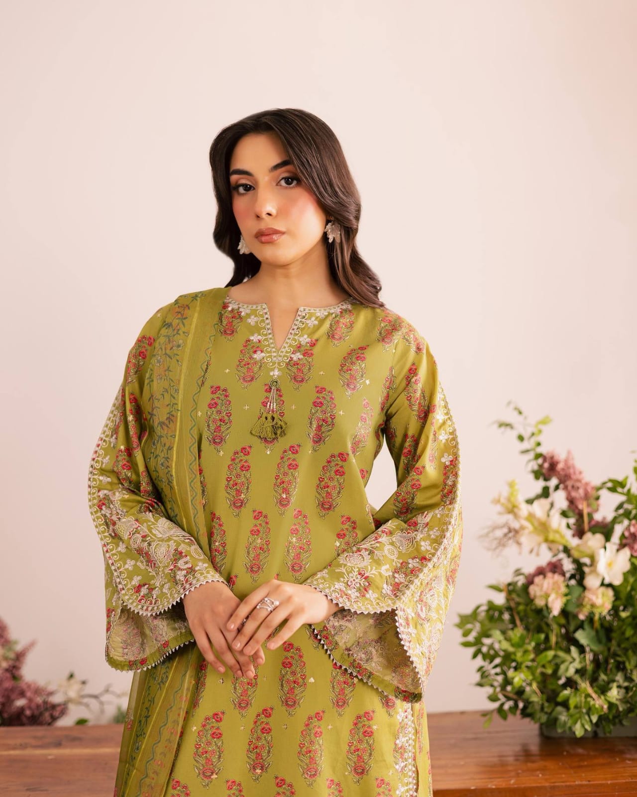 olive green French crepe outfit