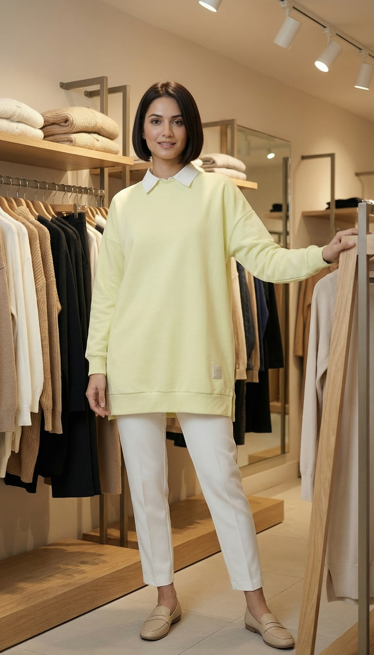 Pastel Yellow Collared Modest Sweatshirt Tunic