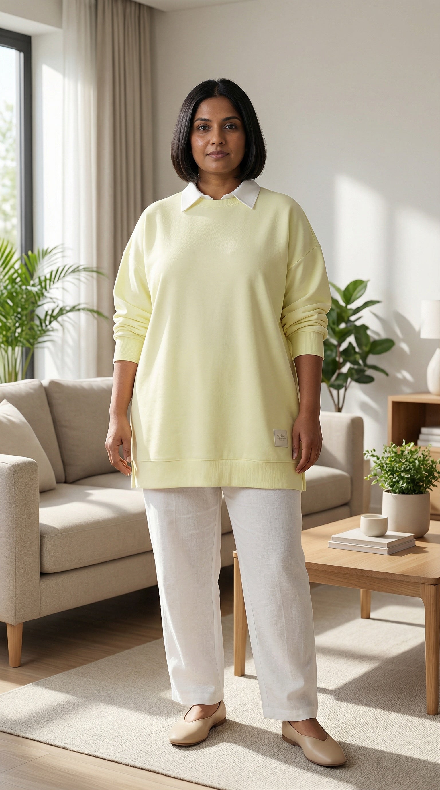 Pastel Yellow Collared Modest Sweatshirt Tunic