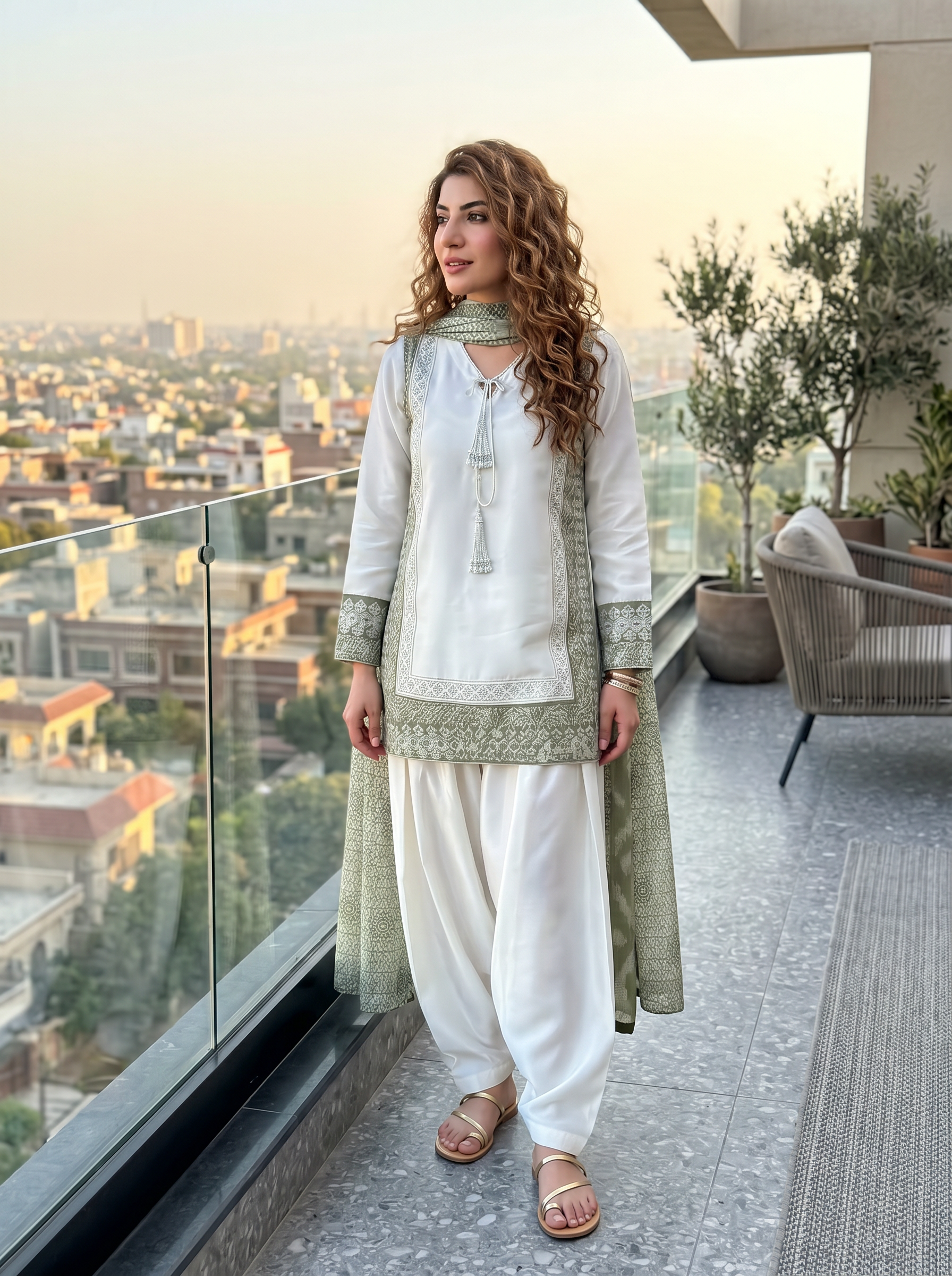 Pearl Sage Signature Embroidered Modest Co-Ord Set | Natural Silk