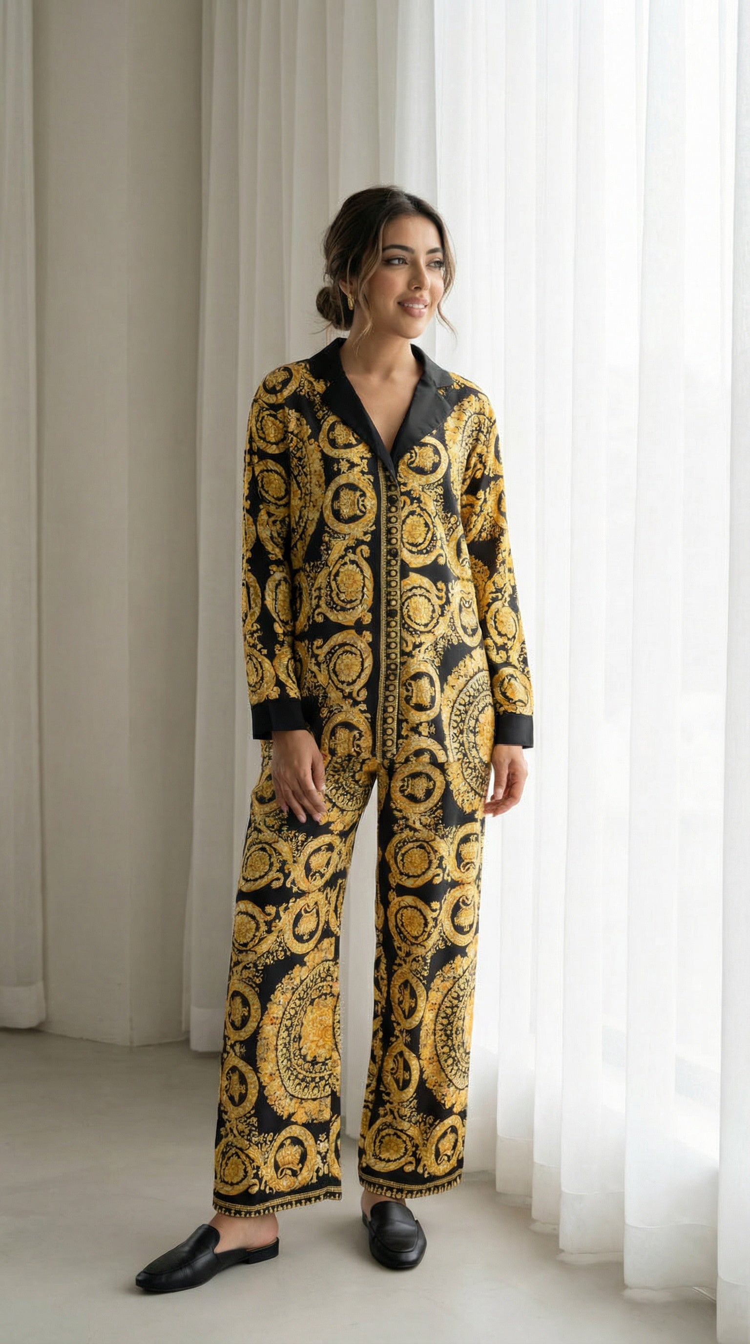 Premium Black Elegant Modest Co-Ord Set with Golden Print Palazzo Pants