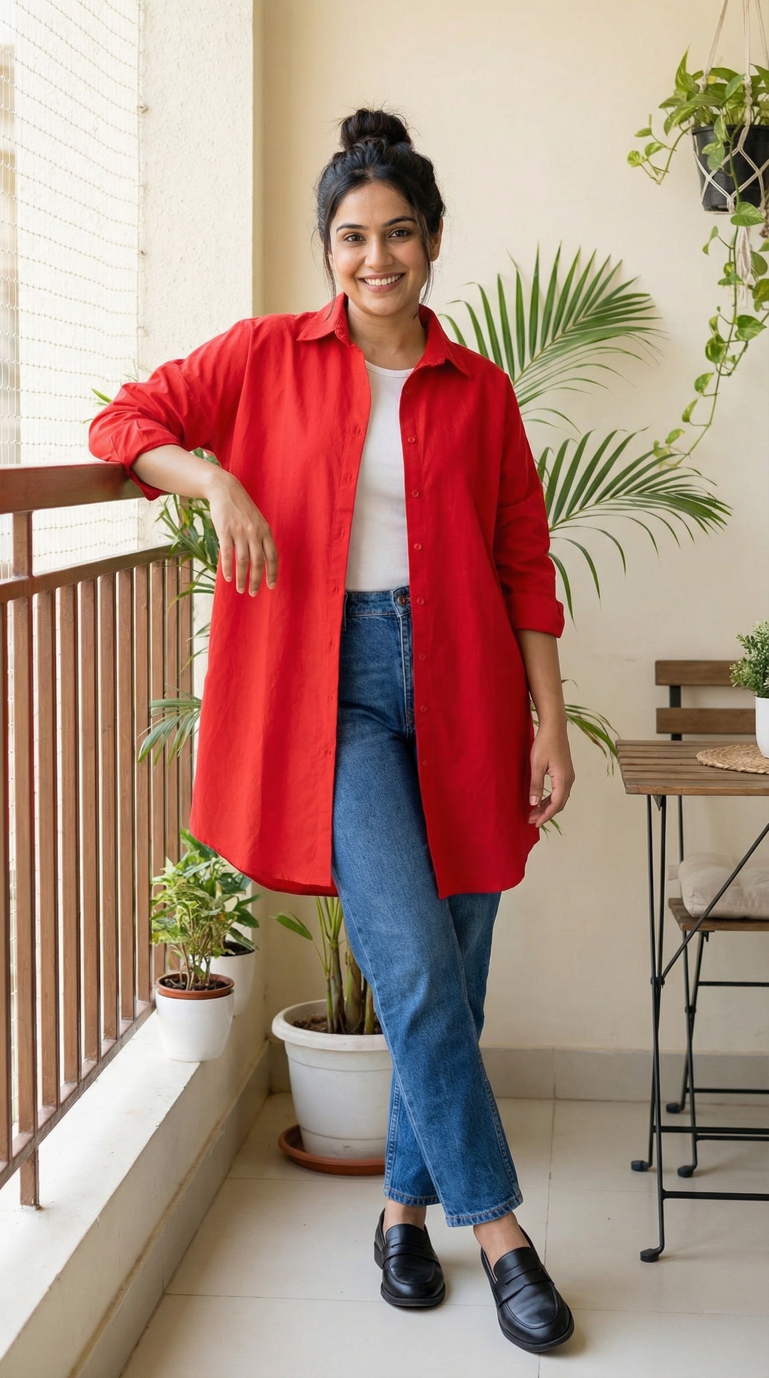 Red Modest Button-Down Tunic – Elegant Longline Shirt