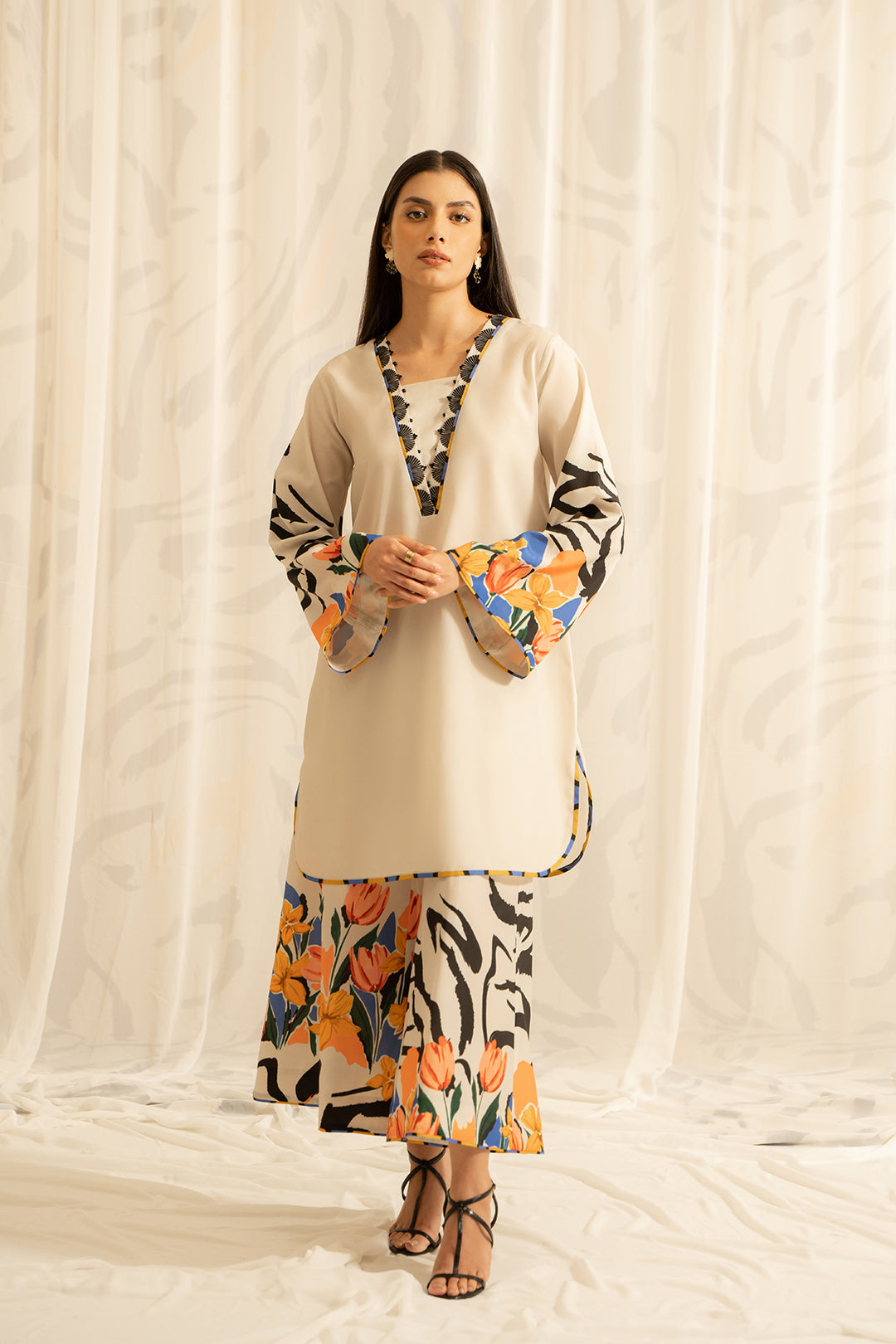 beige floral moss crepe modest coord set