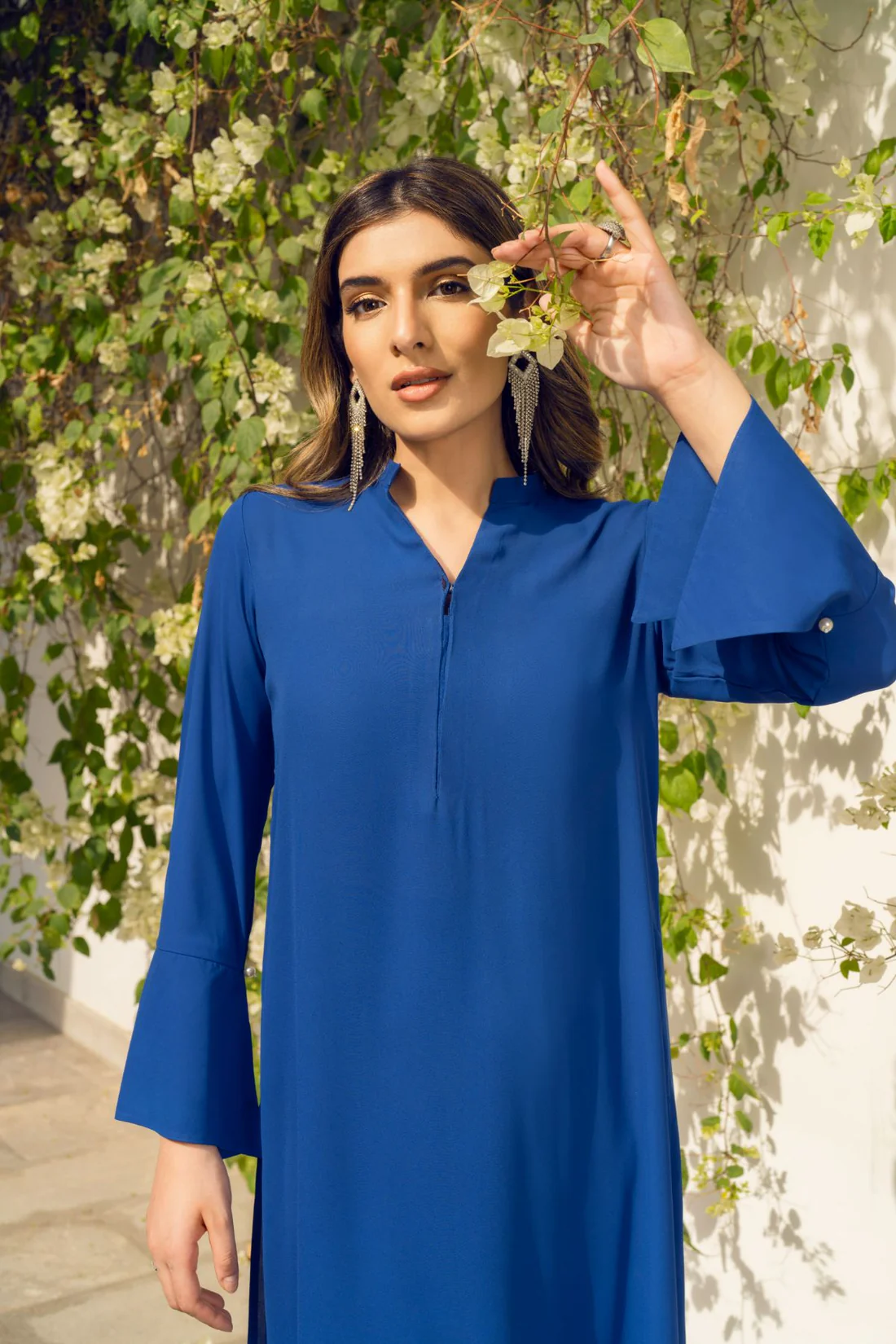 sapphire blue flare sleeve modest outfit