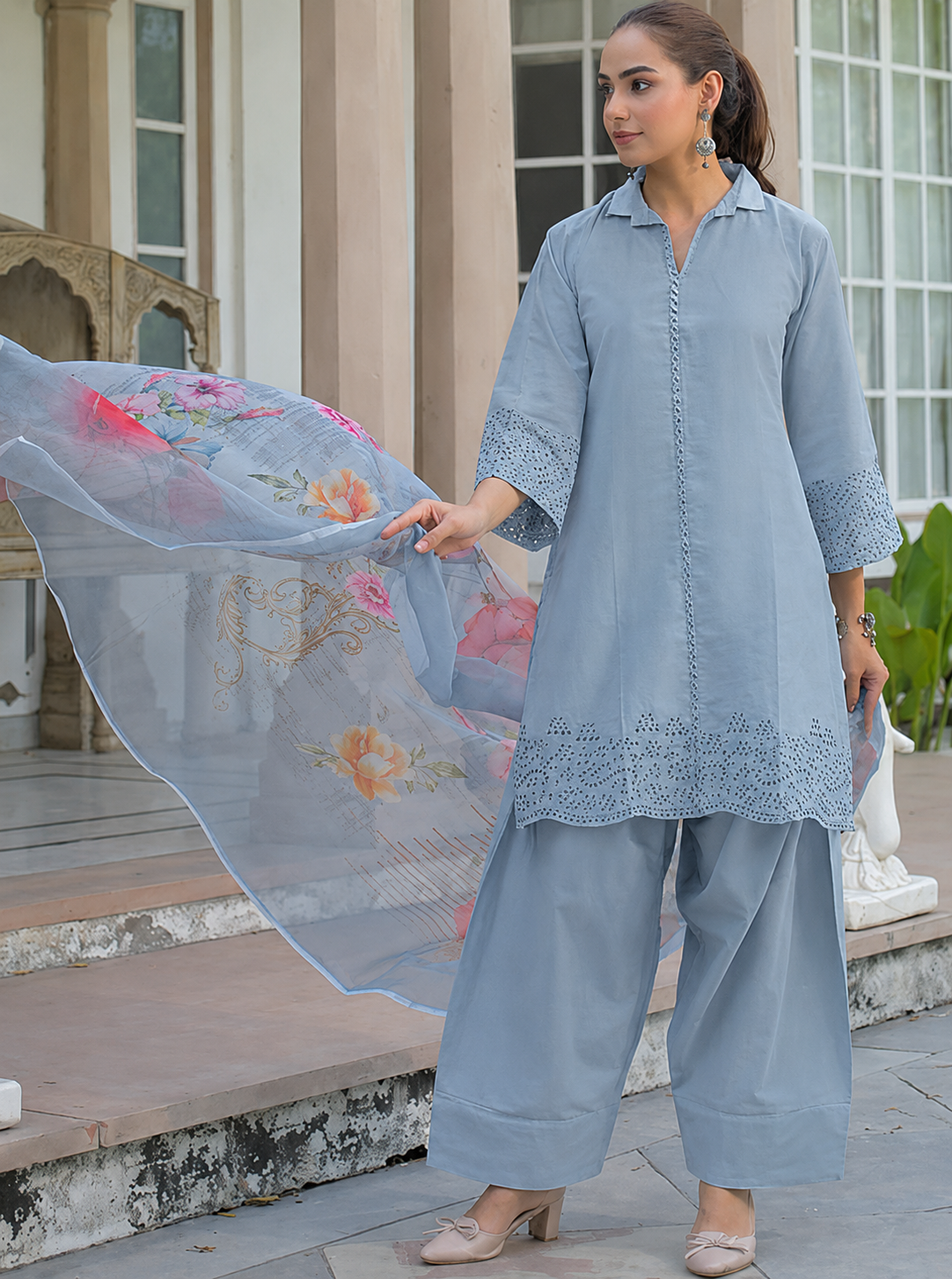 sky blossom embroidered farshi suit