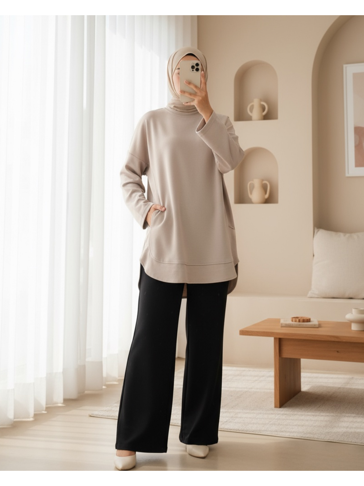 relaxed fit beige longline tunic modest wear