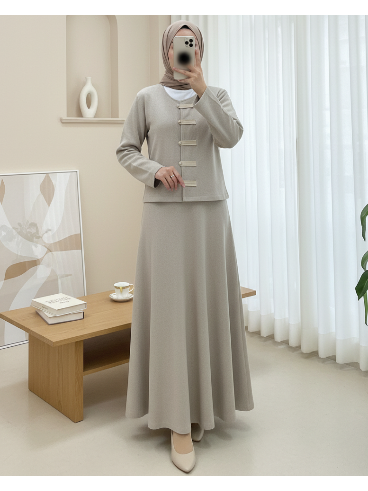 Stone Grey Mandarin Grace Modest Jacket & Skirt Set