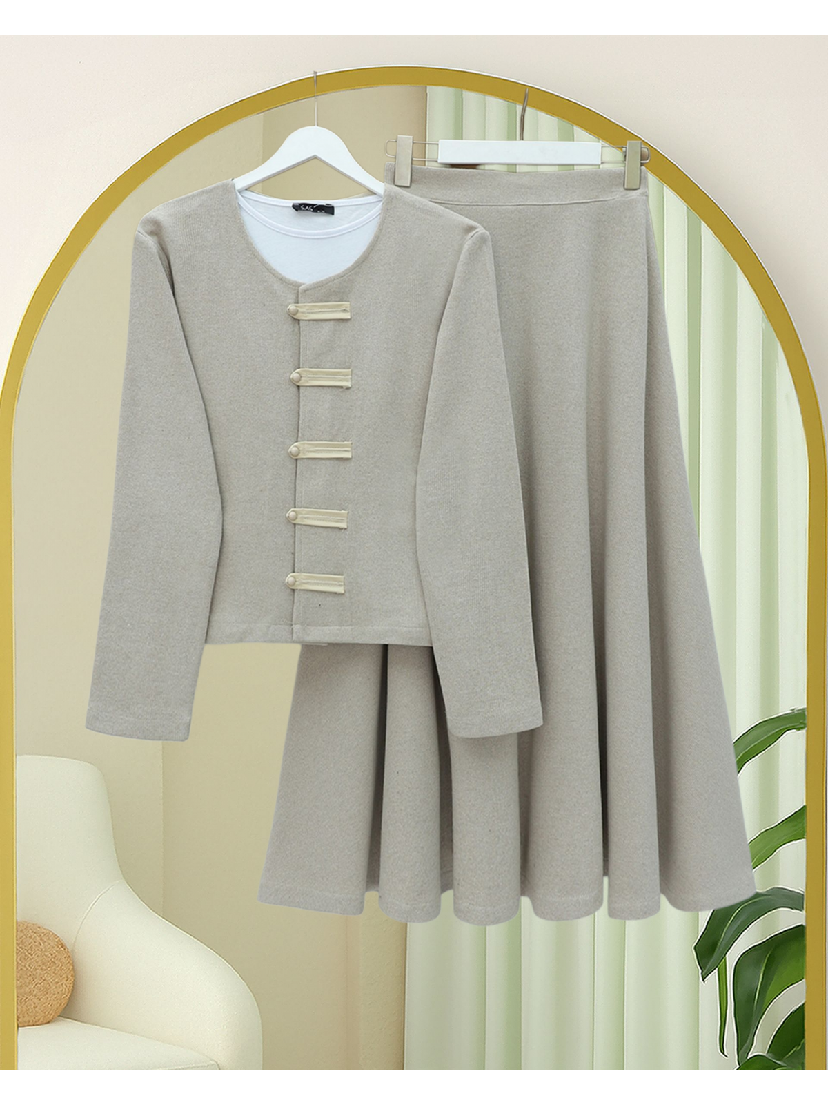 Stone Grey Mandarin Grace Modest Jacket & Skirt Set