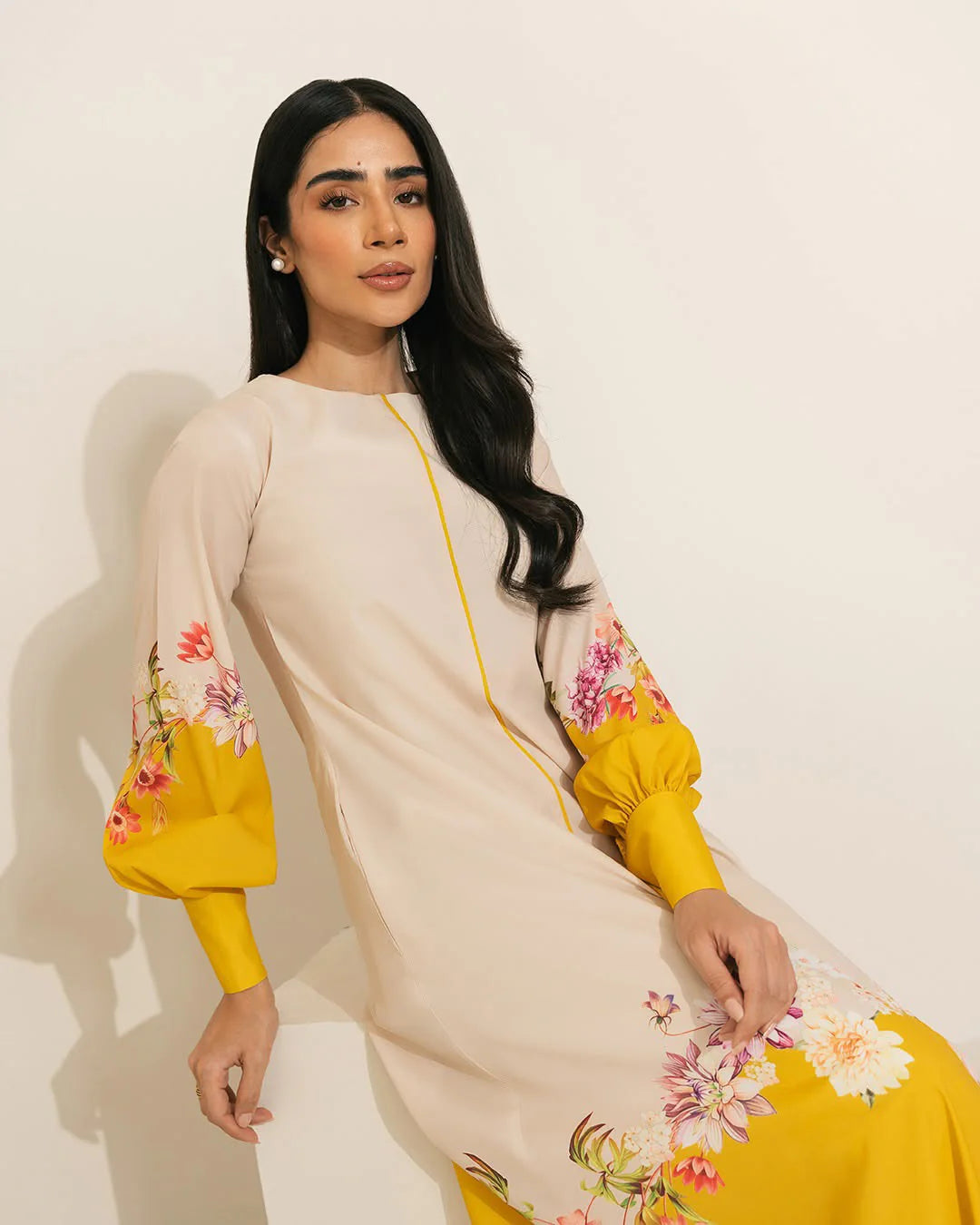 yellow floral modest kaftan dress women