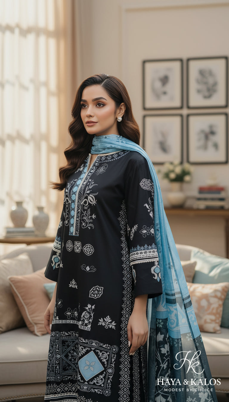 Denim Grey Ornate Luxe Modest Co-Ord Set With Scarf