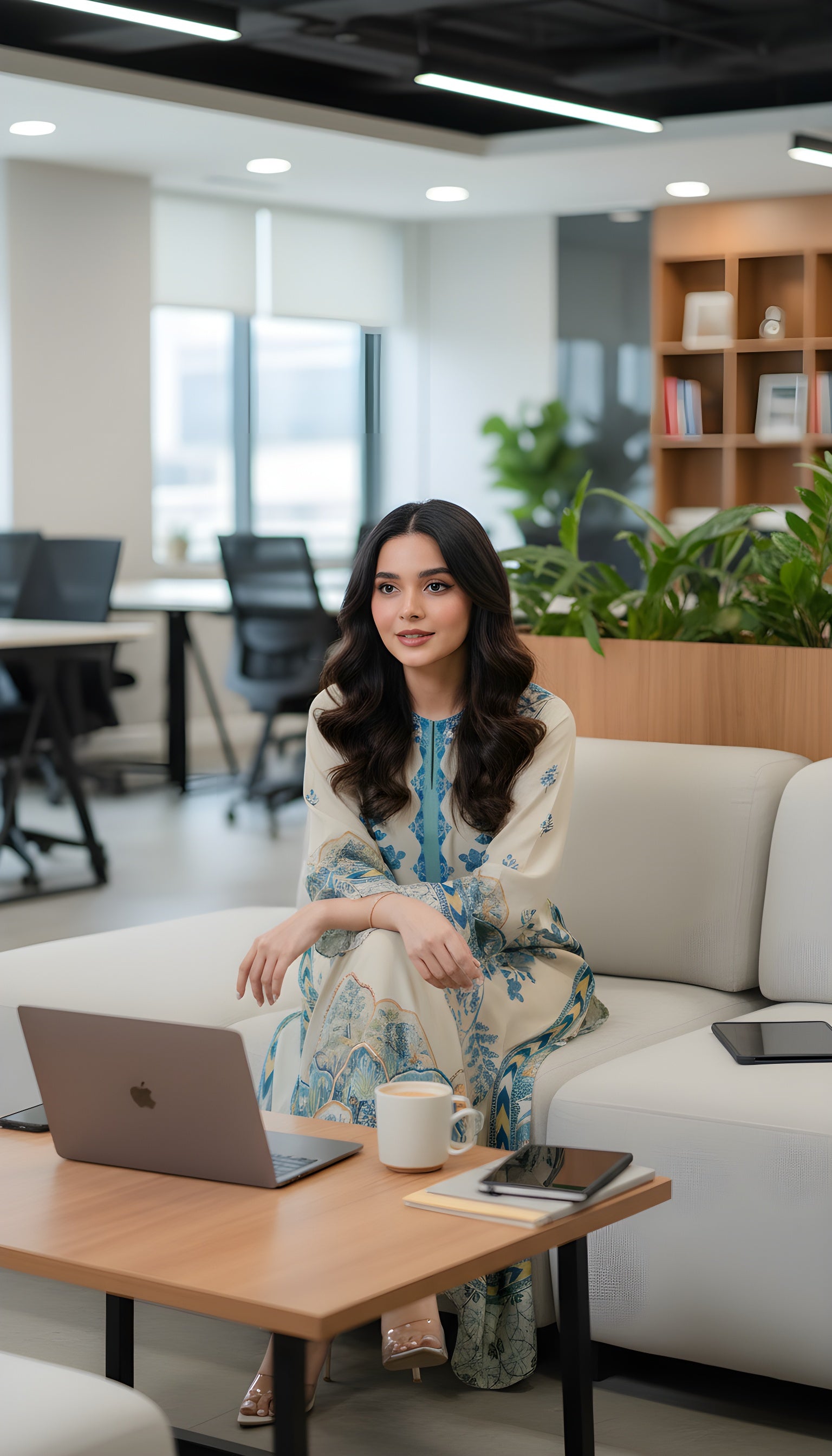 cream and blue modest kaftan co ord