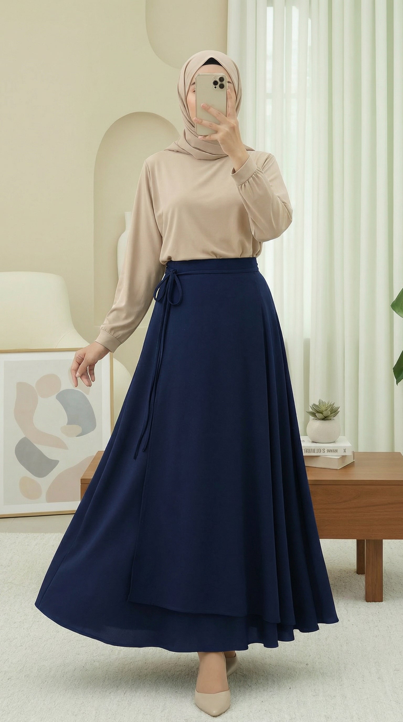 navy blue structured wrap modest maxi skirt