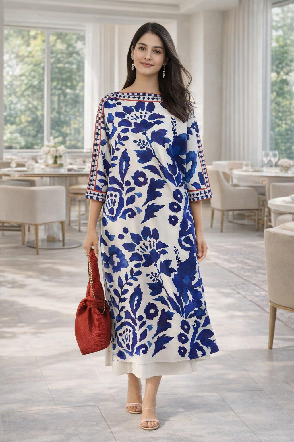 Ivory Indigo Bloom Modest Co-Ord Set