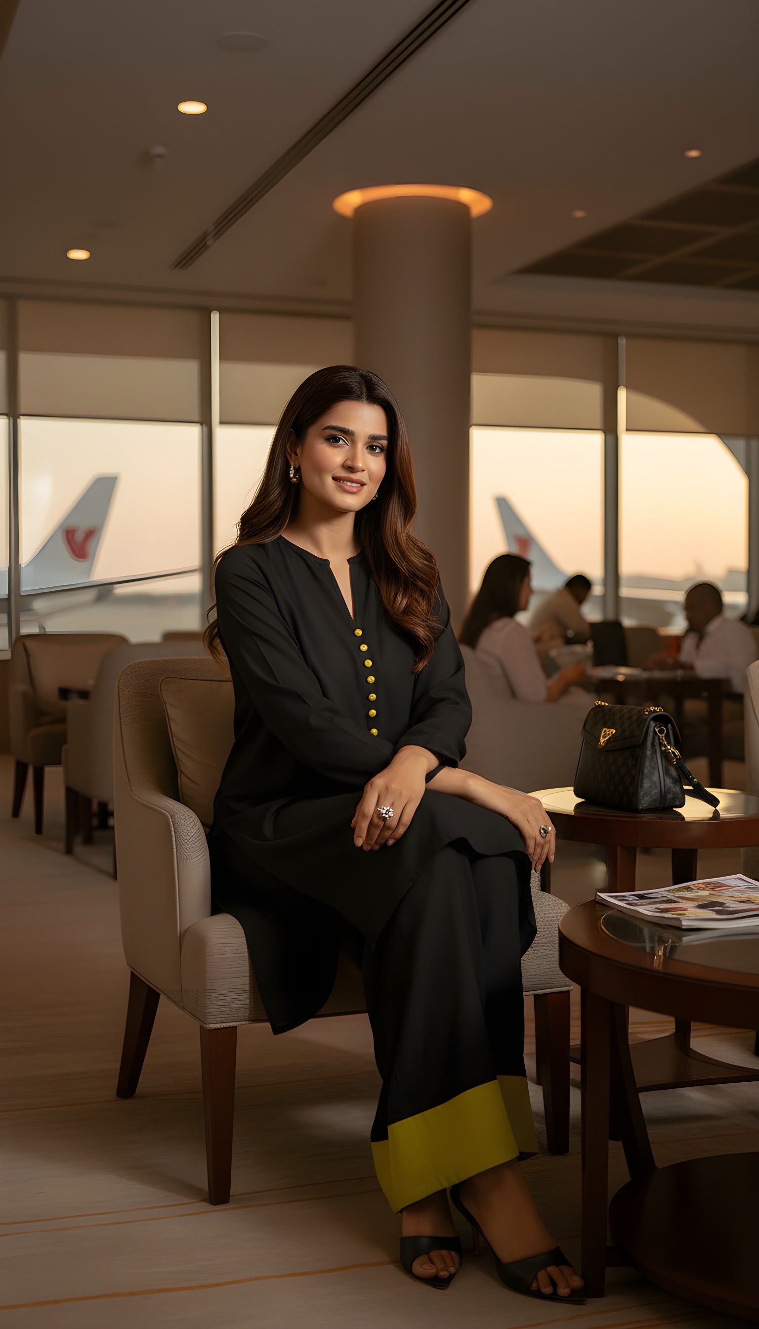 black modest top with yellow buttons