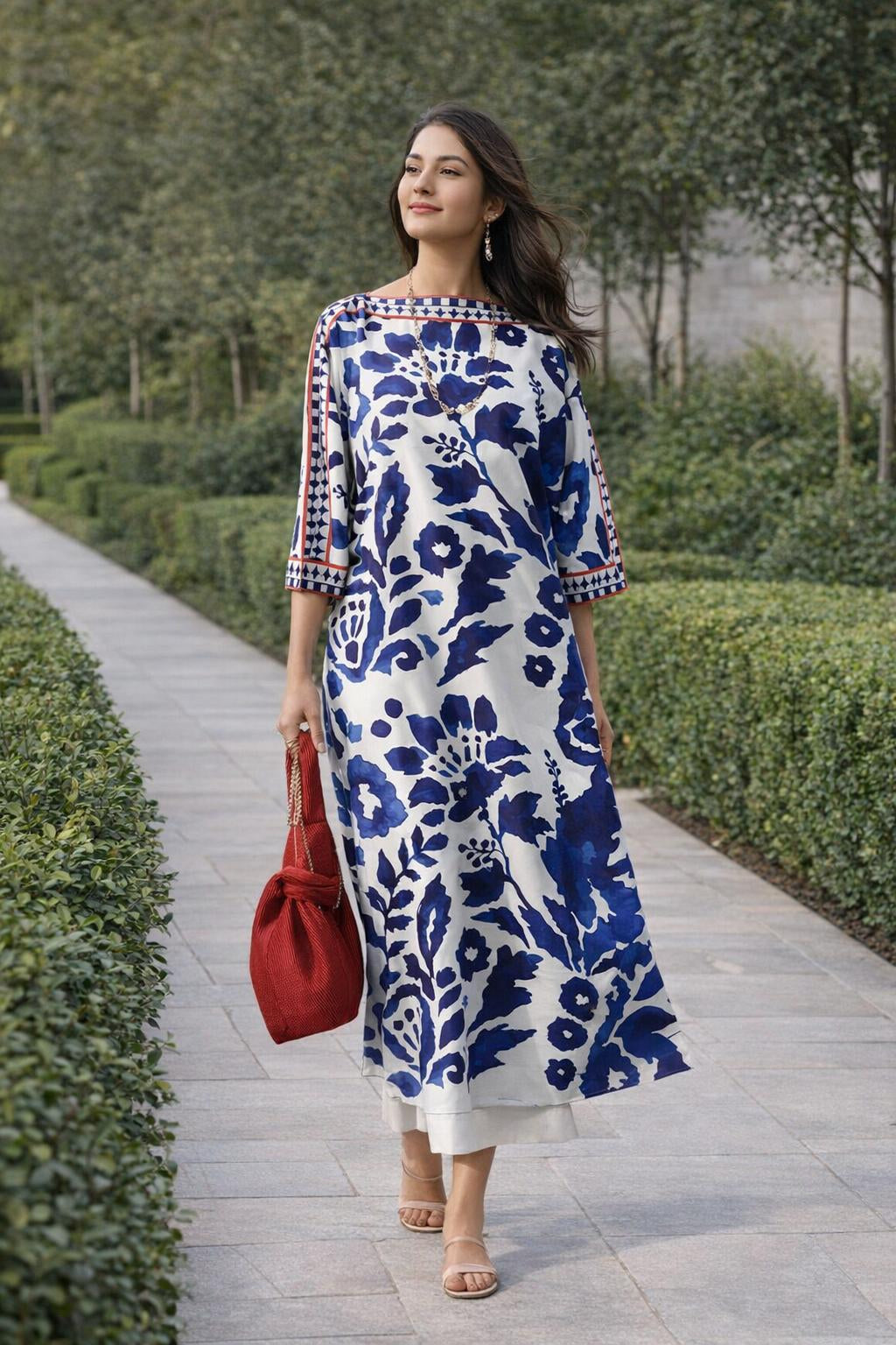 Woman in a blue and white coord sets premium and modest - Haya & Kalos