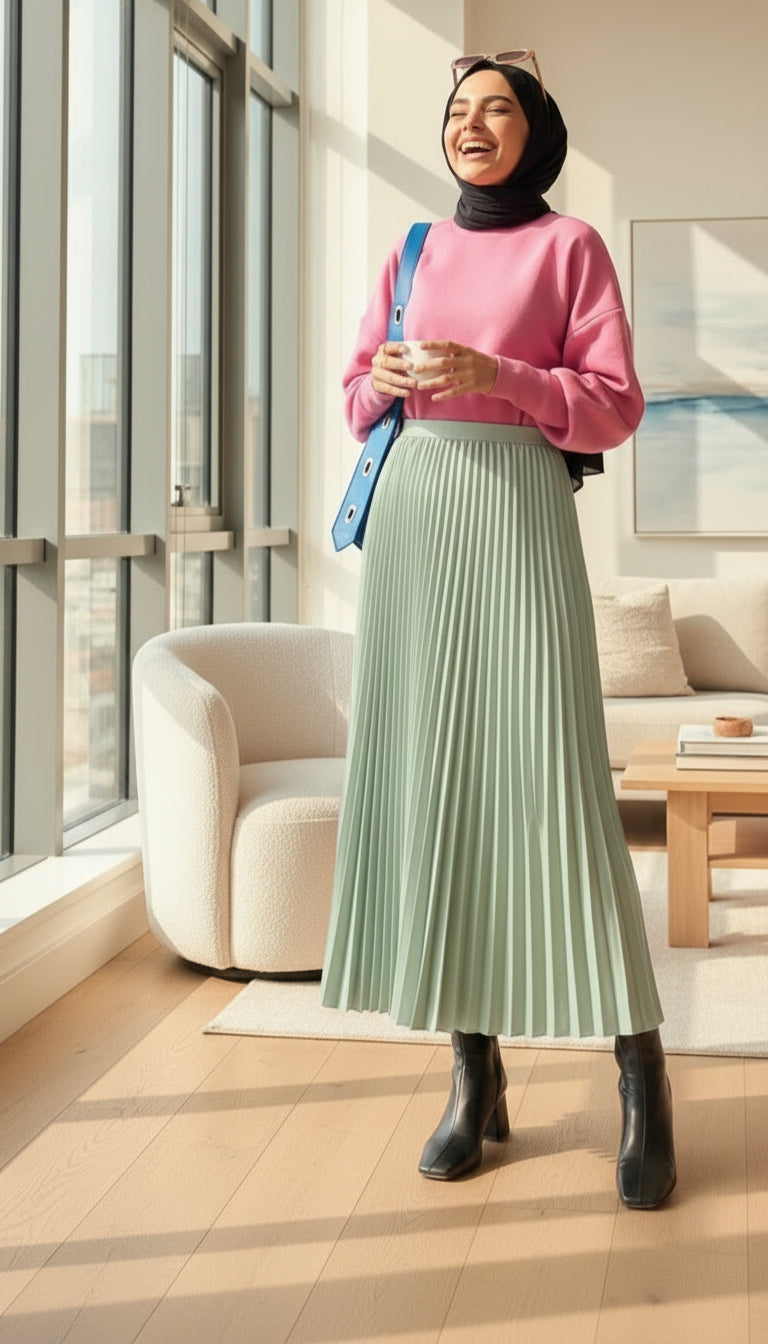 flowy pleated elastic waist skirt modest wear