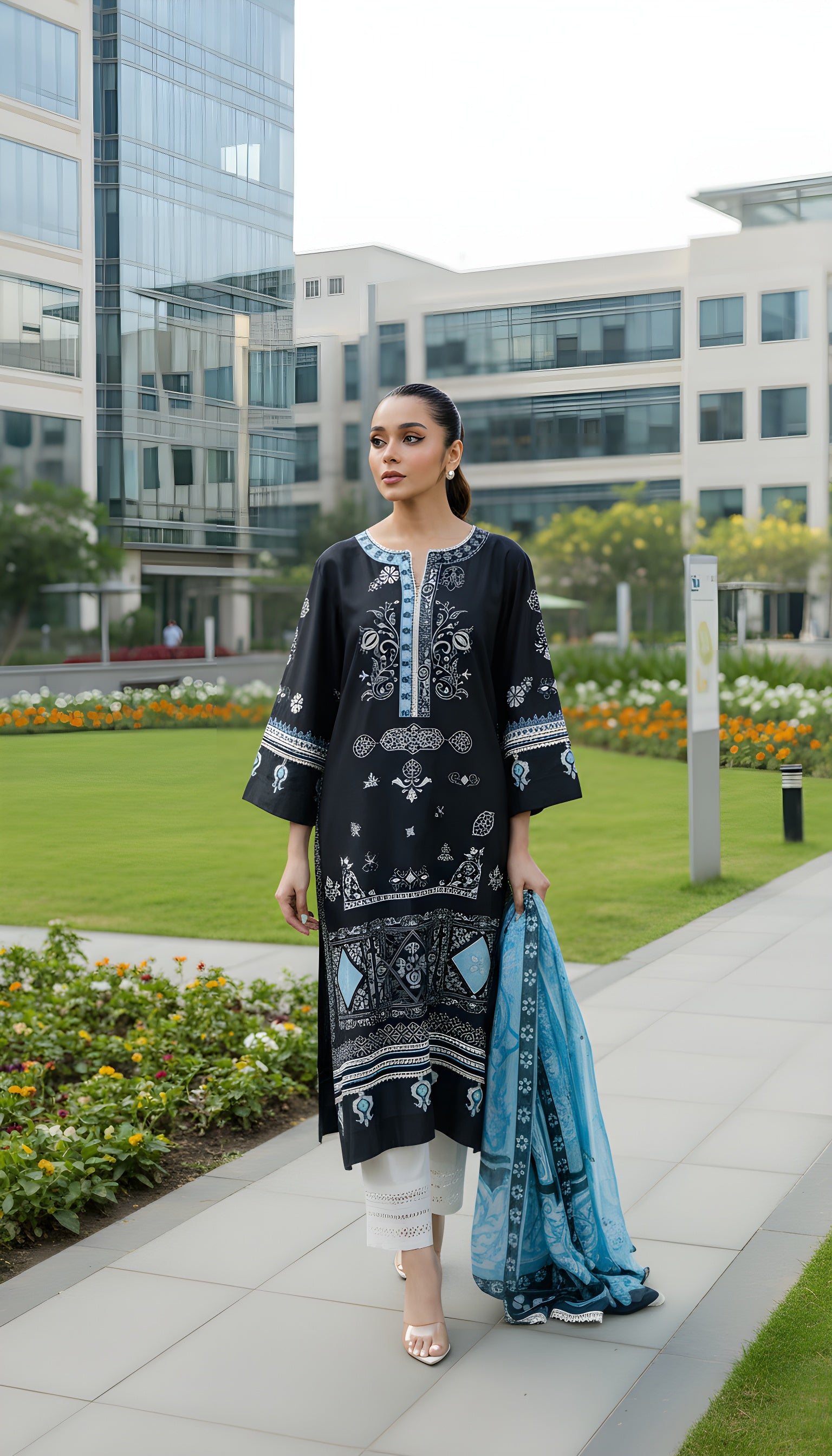 Denim Grey Ornate Luxe Modest Co-Ord Set With Scarf