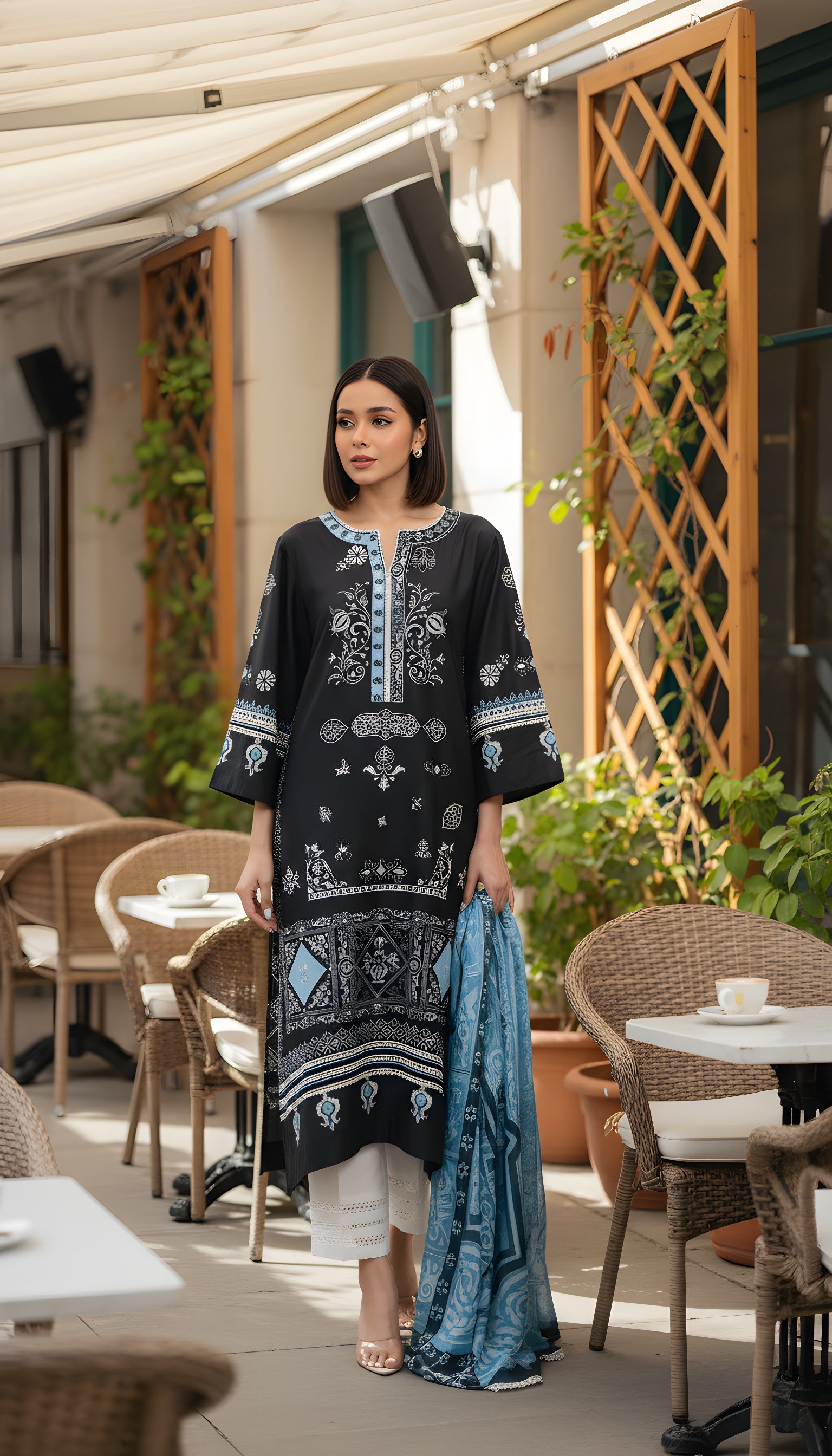 Denim Grey Ornate Luxe Modest Co-Ord Set With Scarf