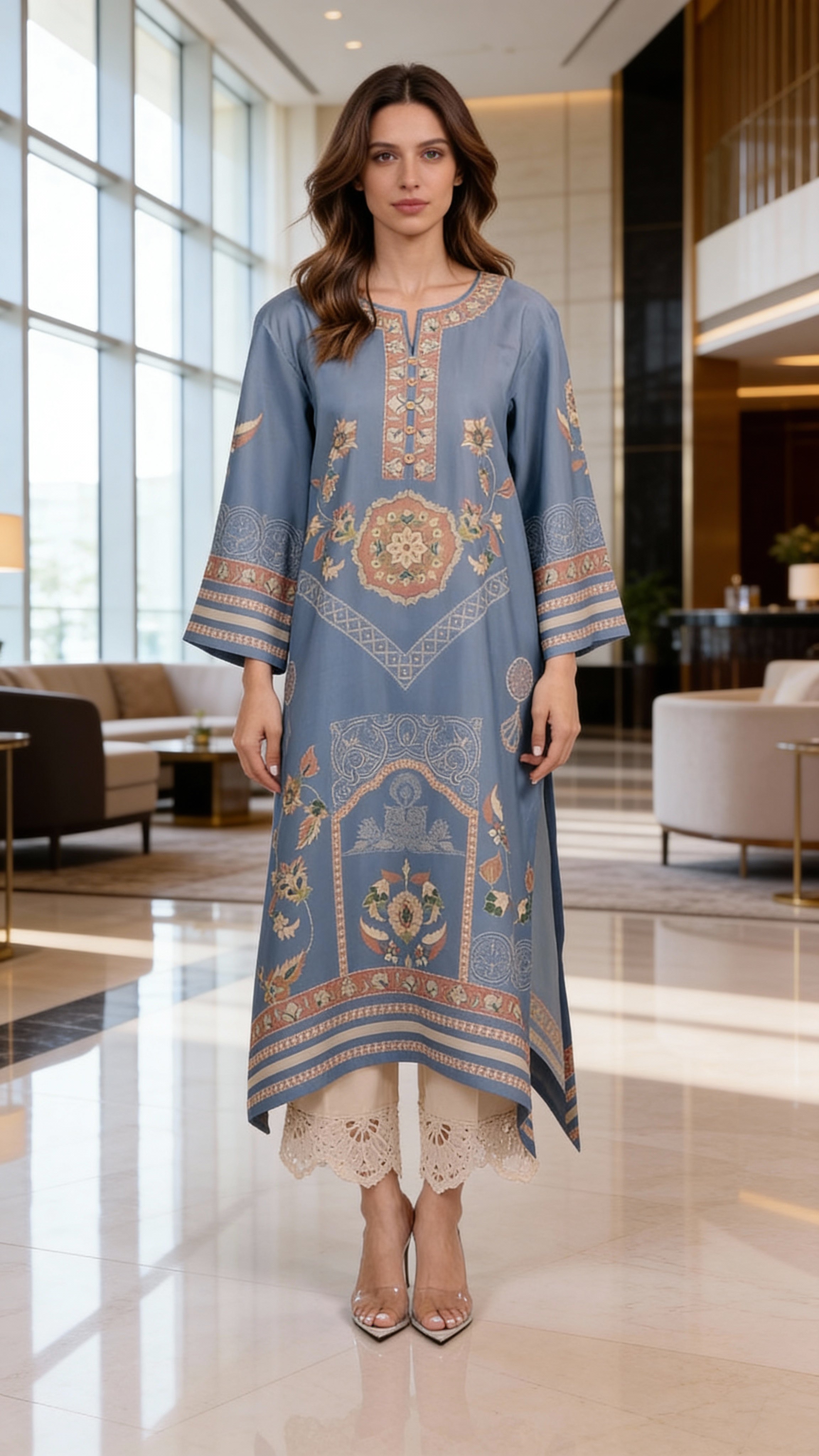 lace detailed modest blue co ord set