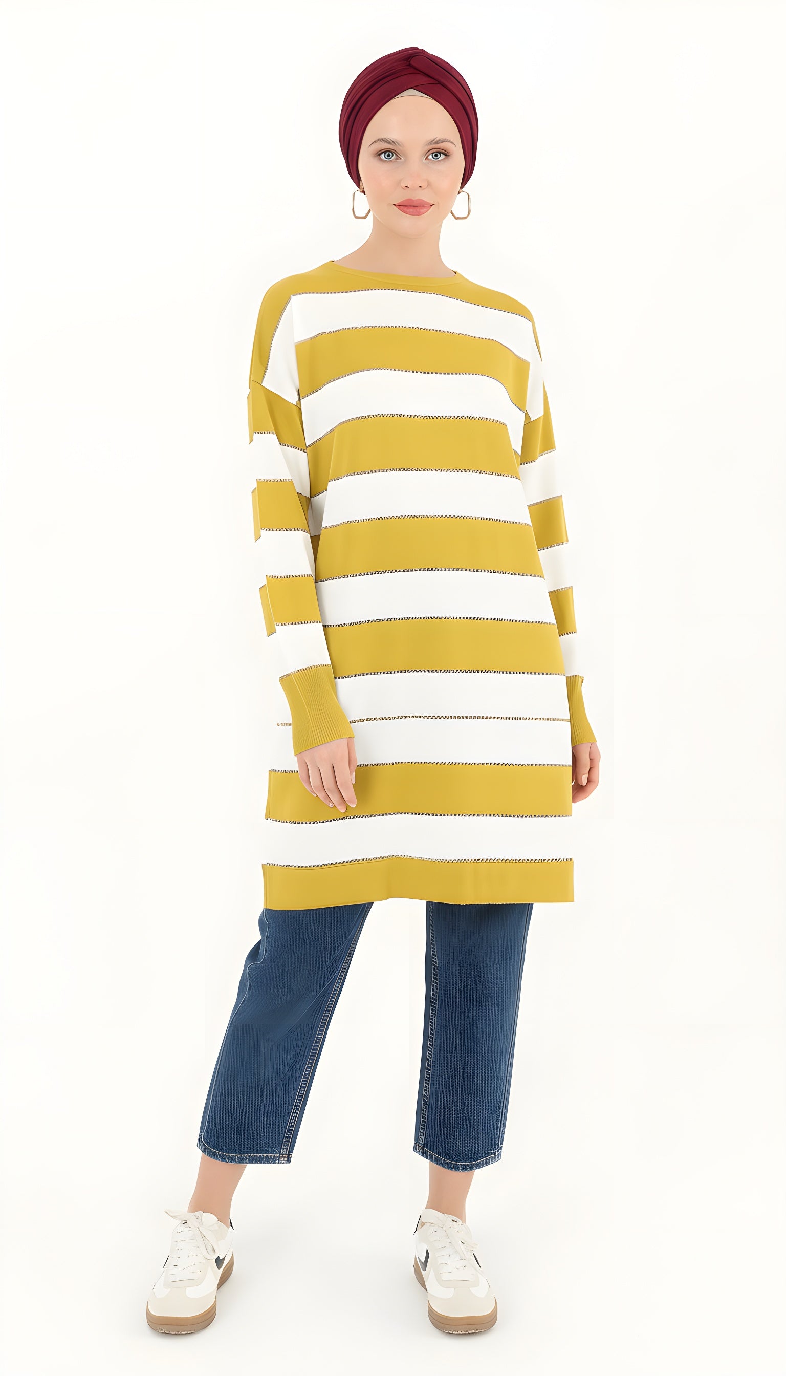 mustard stripe modest longline knit tunic