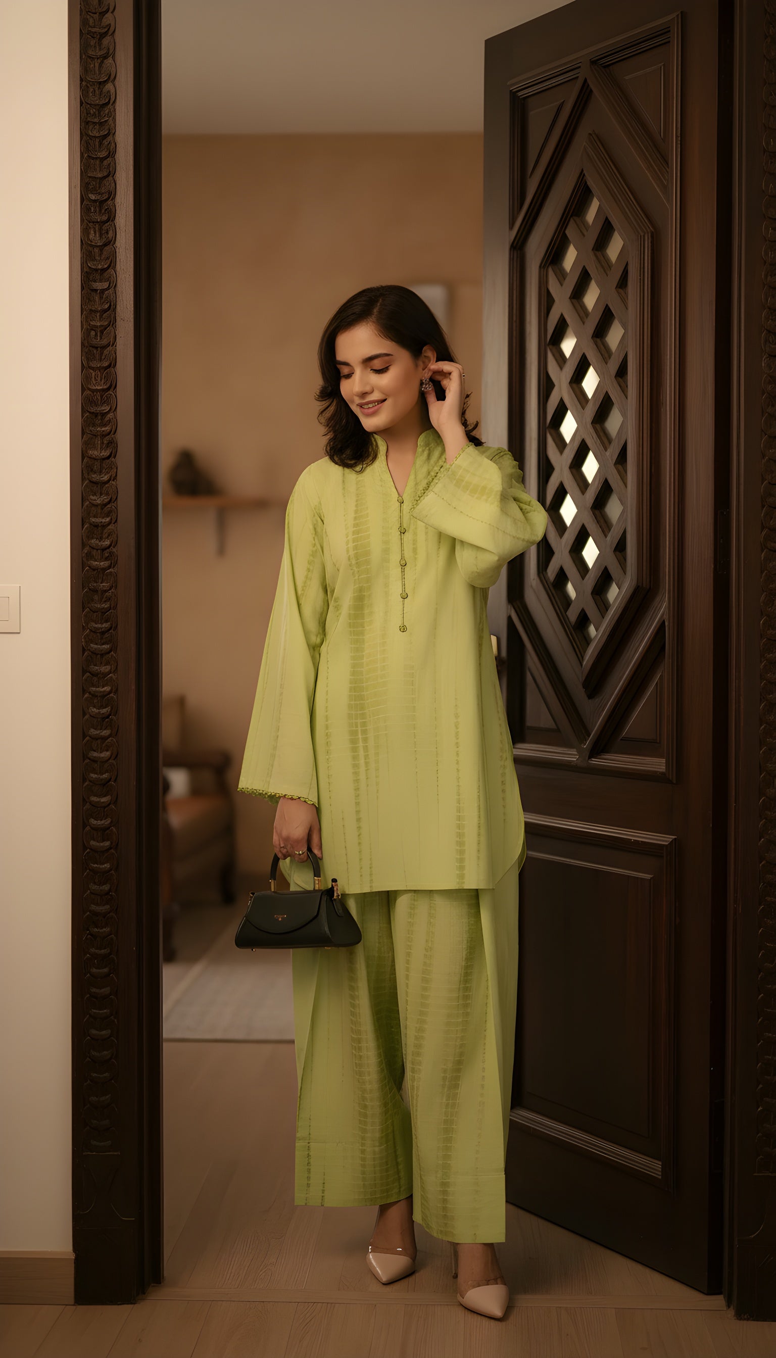lime tie dye kurta and farshi shalwar set