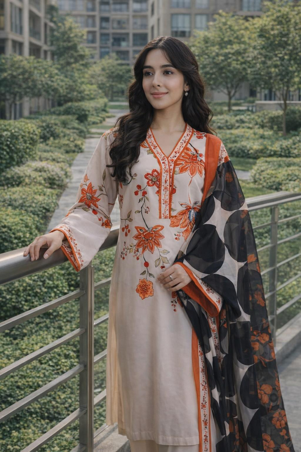 ivory orange floral modest kurta set women