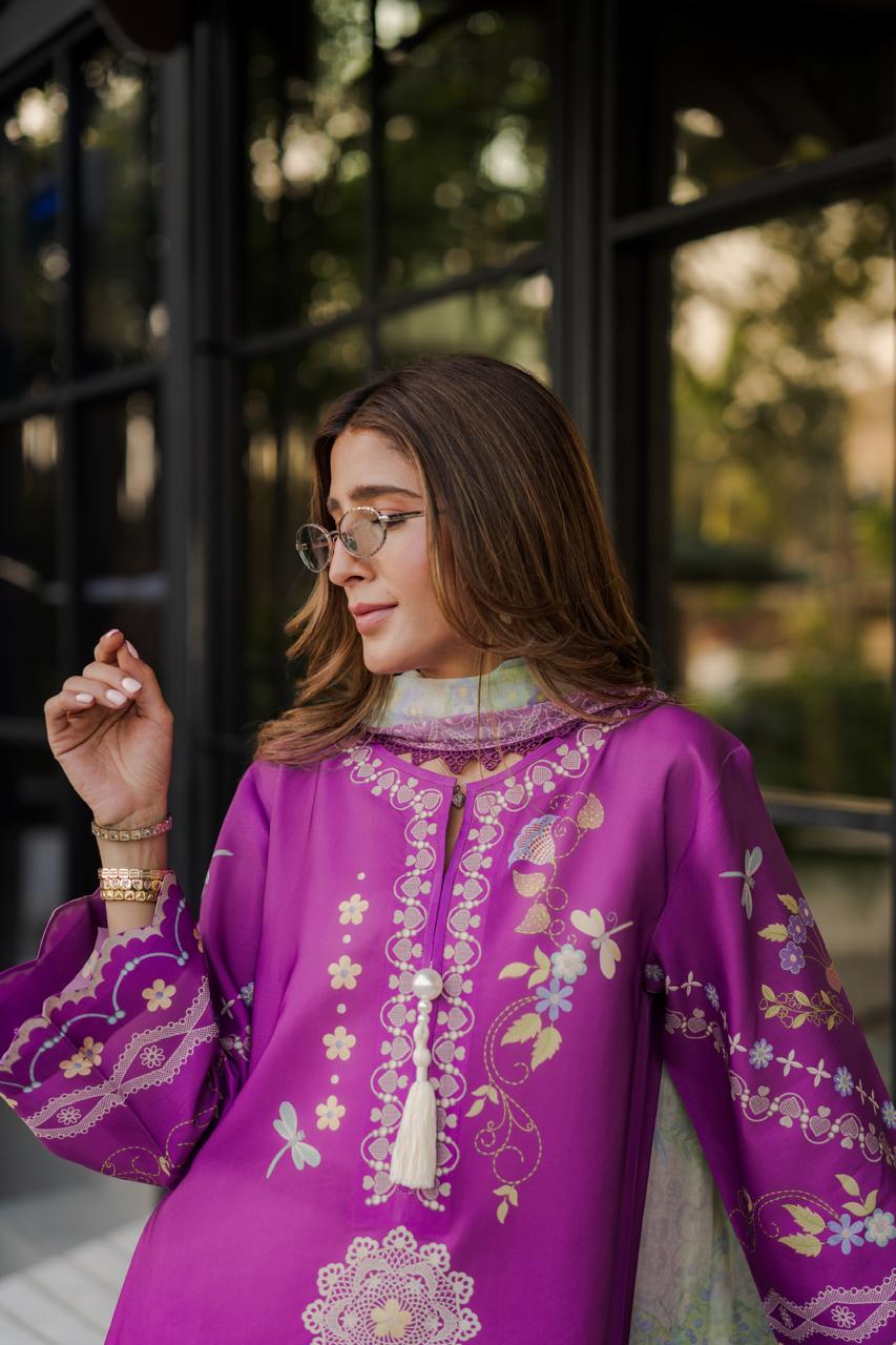 Women's purple three-piece co-ord set with ivory trousers
