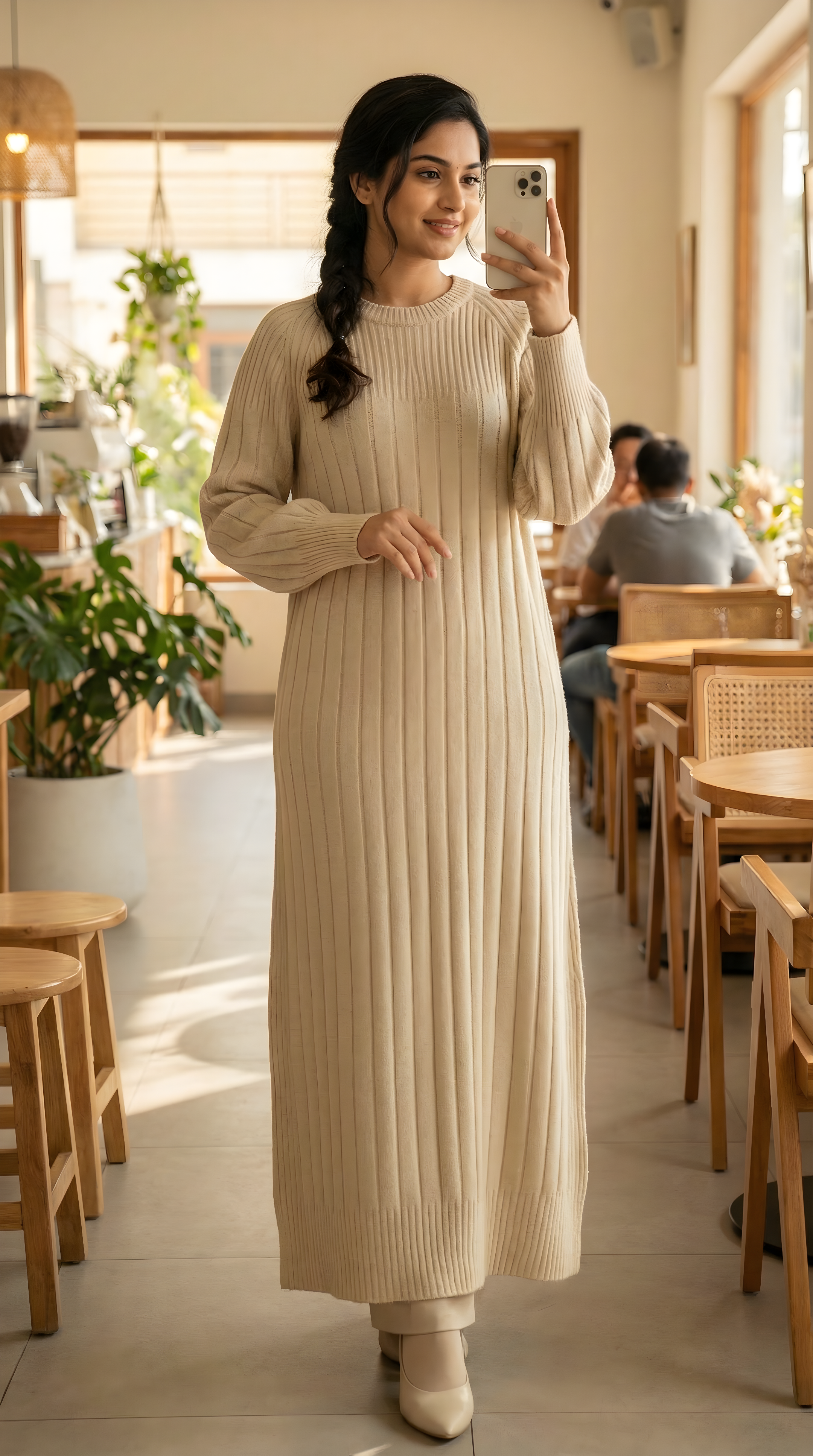 Beige Ribbed Knit Modest Maxi Dress