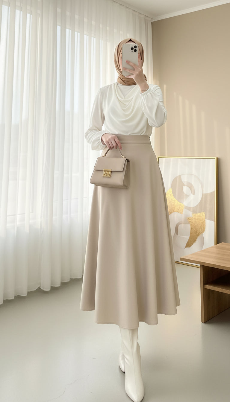 beige a-line elastic waist modest maxi skirt