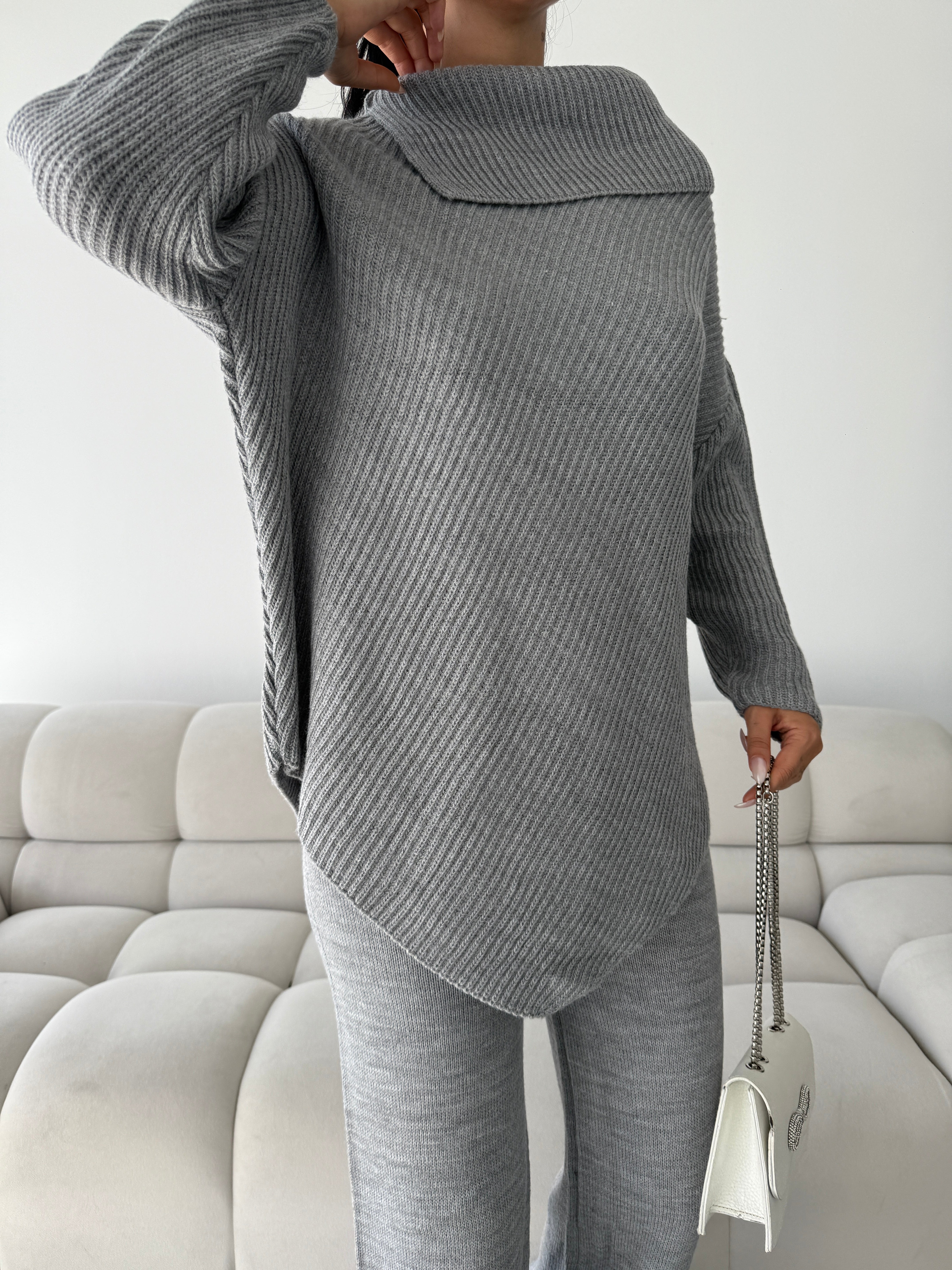 grey wool blend shawl collar knit set
