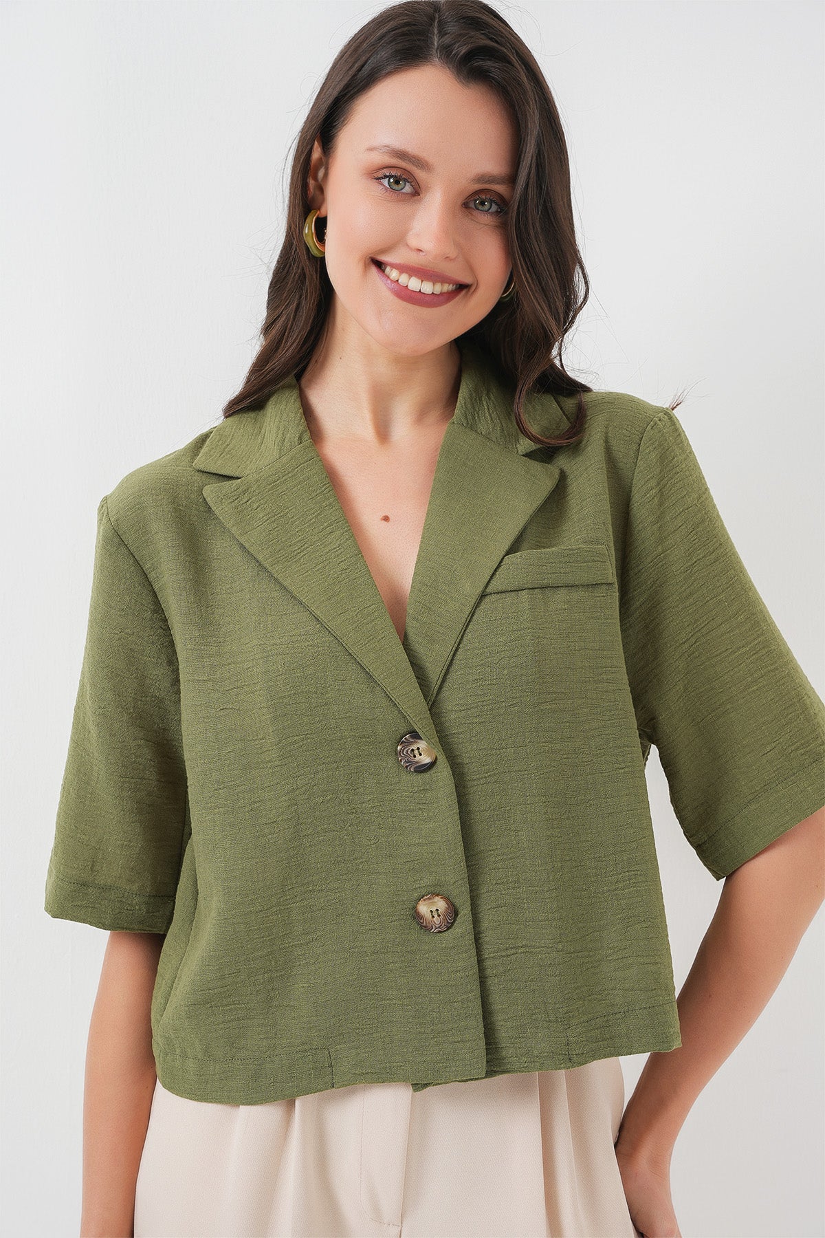 khaki linen modest crop jacket