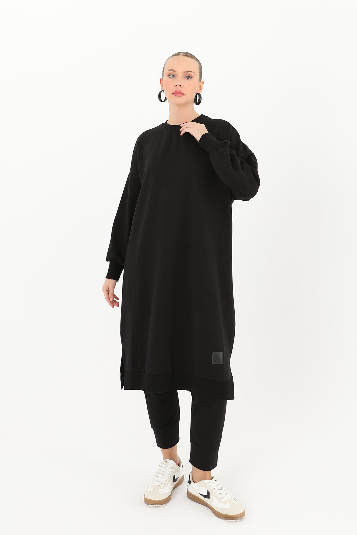 modest black cotton blend longline top
