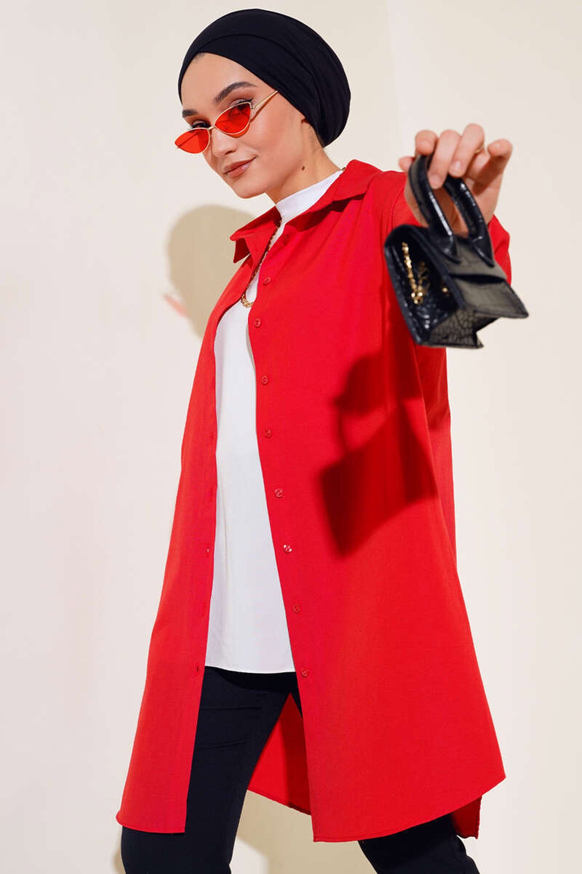 haya and kalos red modest button down tunic