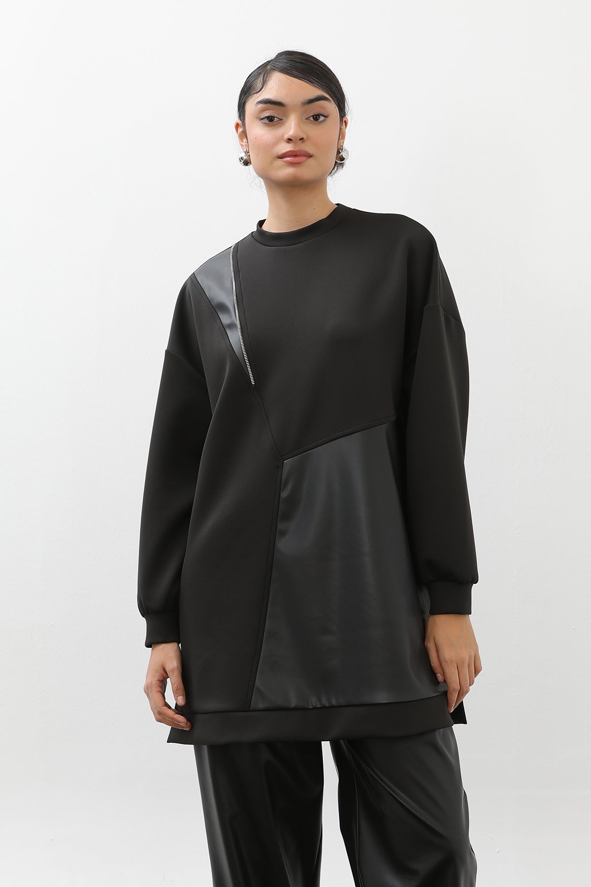 black faux leather panel tunic