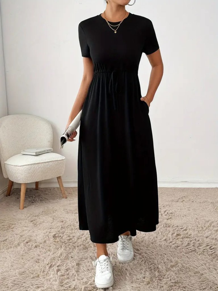 black modest crew neck maxi dress