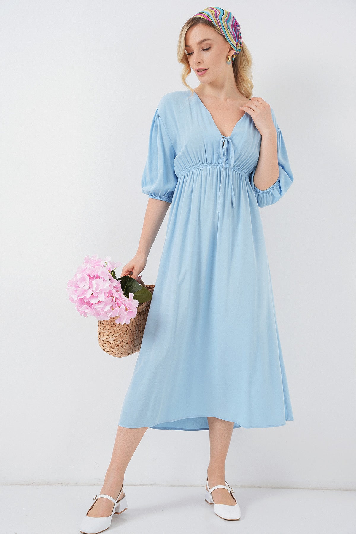 elegant blue v-neck midi dress for women india