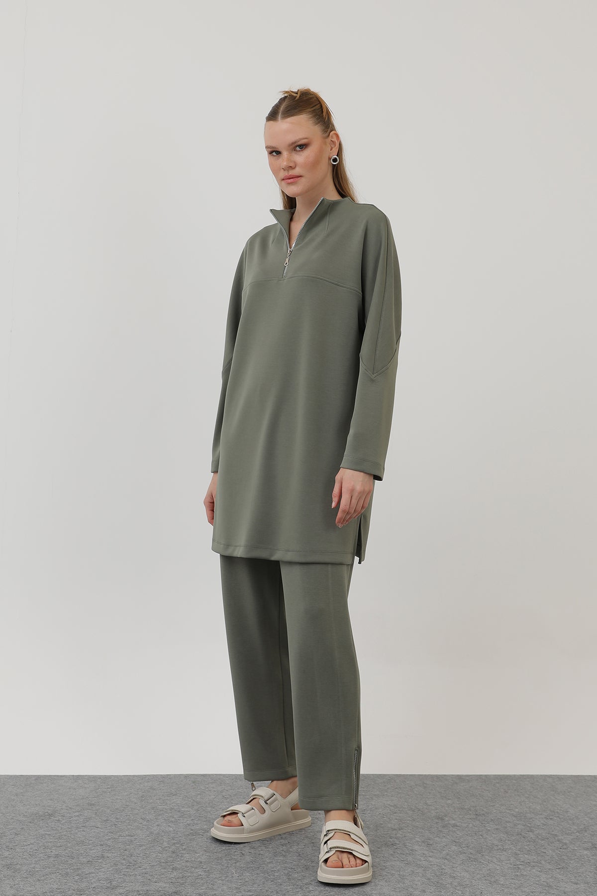 olive zip modest longline high neck tunic