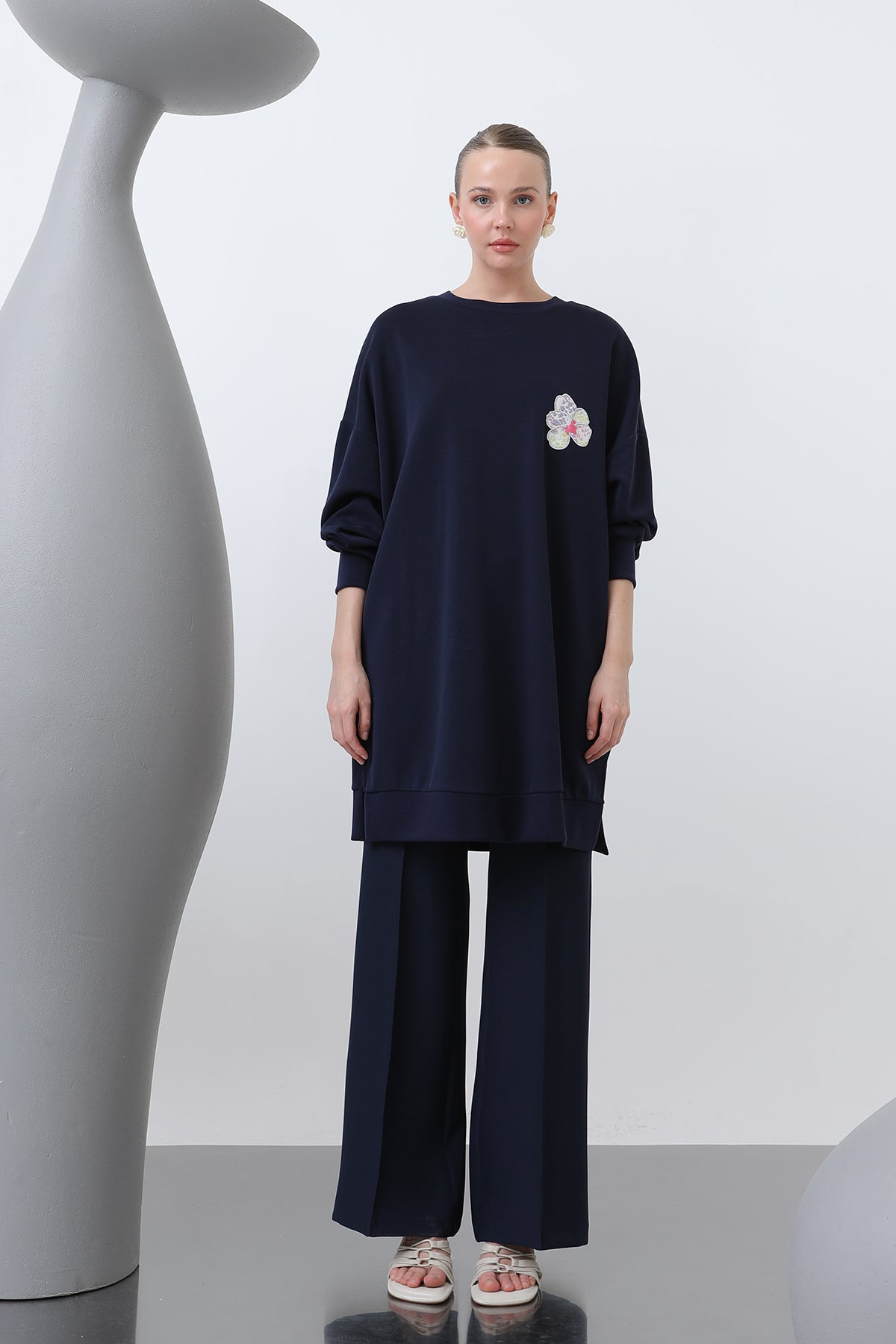 modest embroidered tunic for women navy