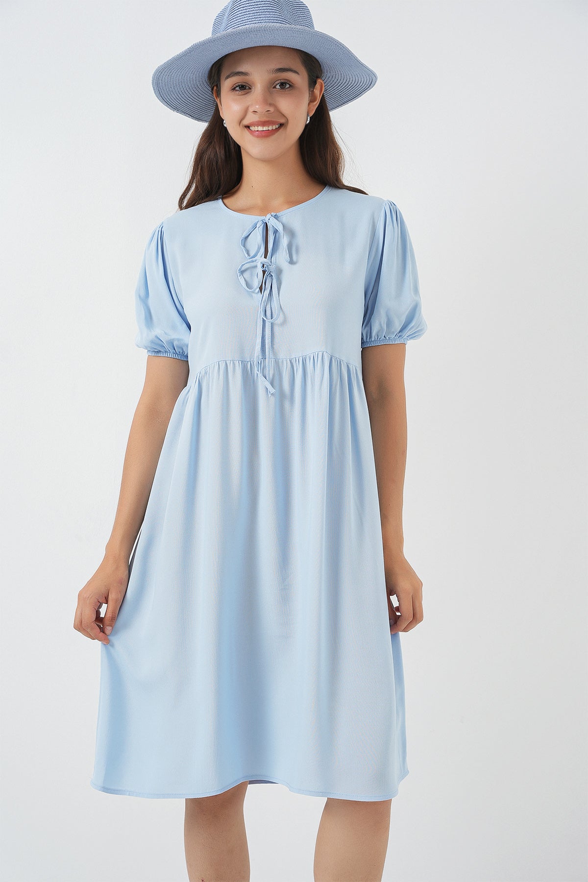 haya and kalos light blue flowy midi dress