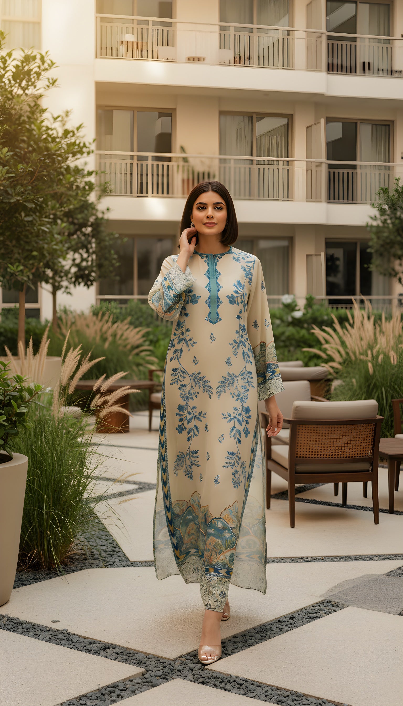 blue botanical print modest kaftan with pants