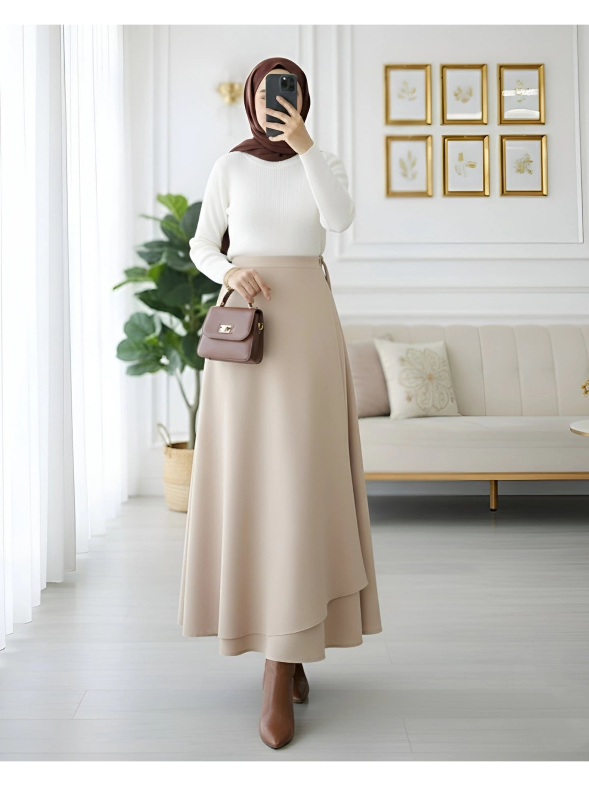 beige cross front double layer modest maxi skirt